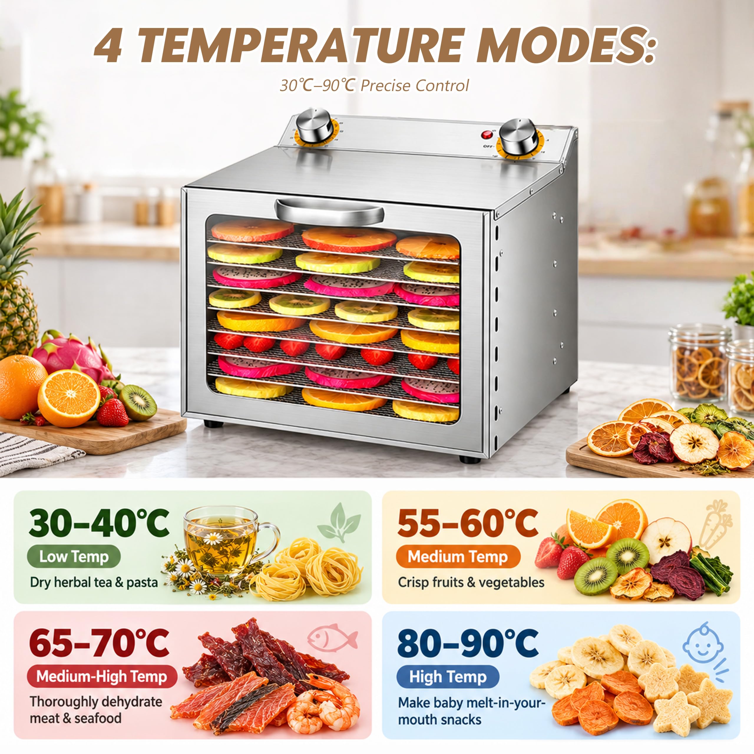Deshidratador de alimentos de acero inoxidable 8 estantes, secador de