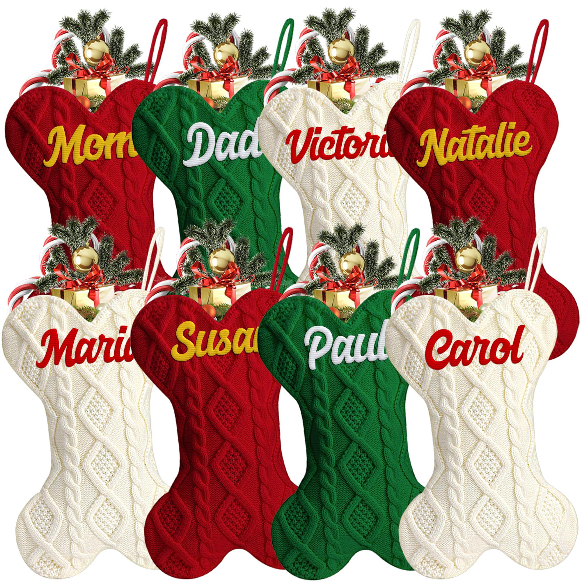 WMDIY Personalised Christmas Stockings for Dog Cat, Custom Bone Shape Knit Christmas Stocking Large 42CM with Name Embroidered, Customised Knit Xmas Hanging Decor, Gifts for Family Kids Pet-8 PCS