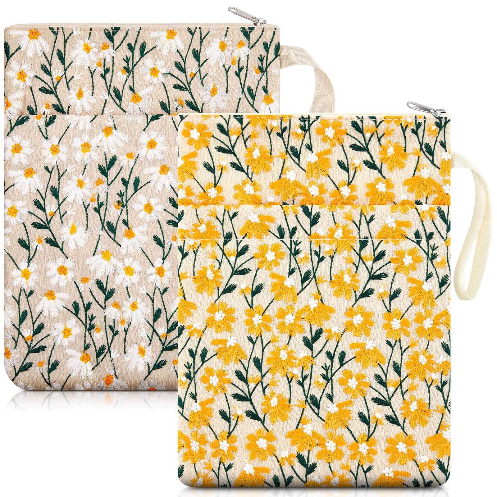 Yeyeplum 2 Pcs 12''x9'' Embroidered Daisy Book Sleeve with Handle Zipper for Book Lovers Washable Fabric Flower Sleeve Pouch for Paperbacks Hardcover,