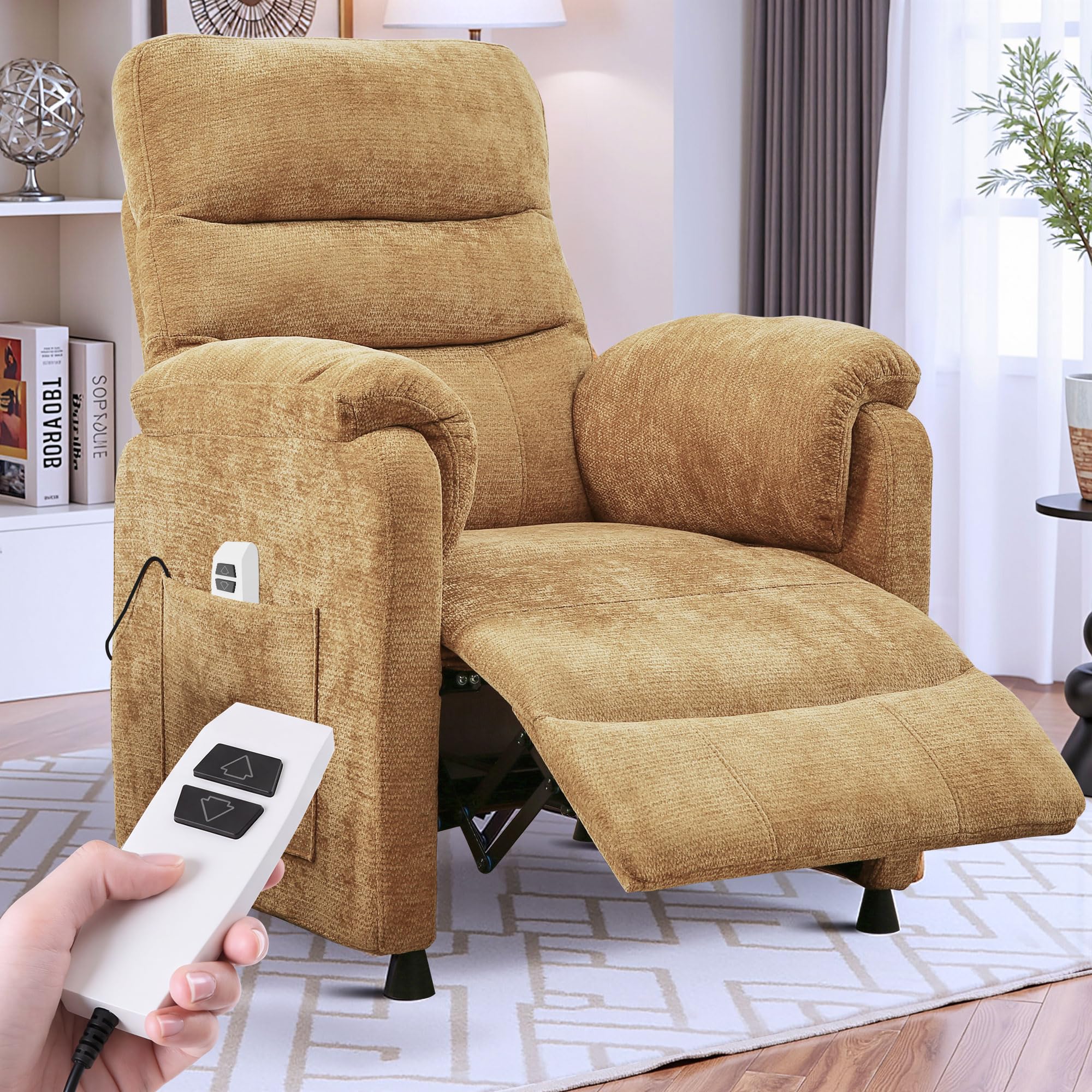 Electric Recliner Chair, Power Recliner Sofa with Remote, Adjustable Backrest and Side Pocket, 7-Zone Support, 350 LBS, Soft Chenille Fabric Armchair for Living Room or Small Space, Yellow (Incomplete box 2/2)