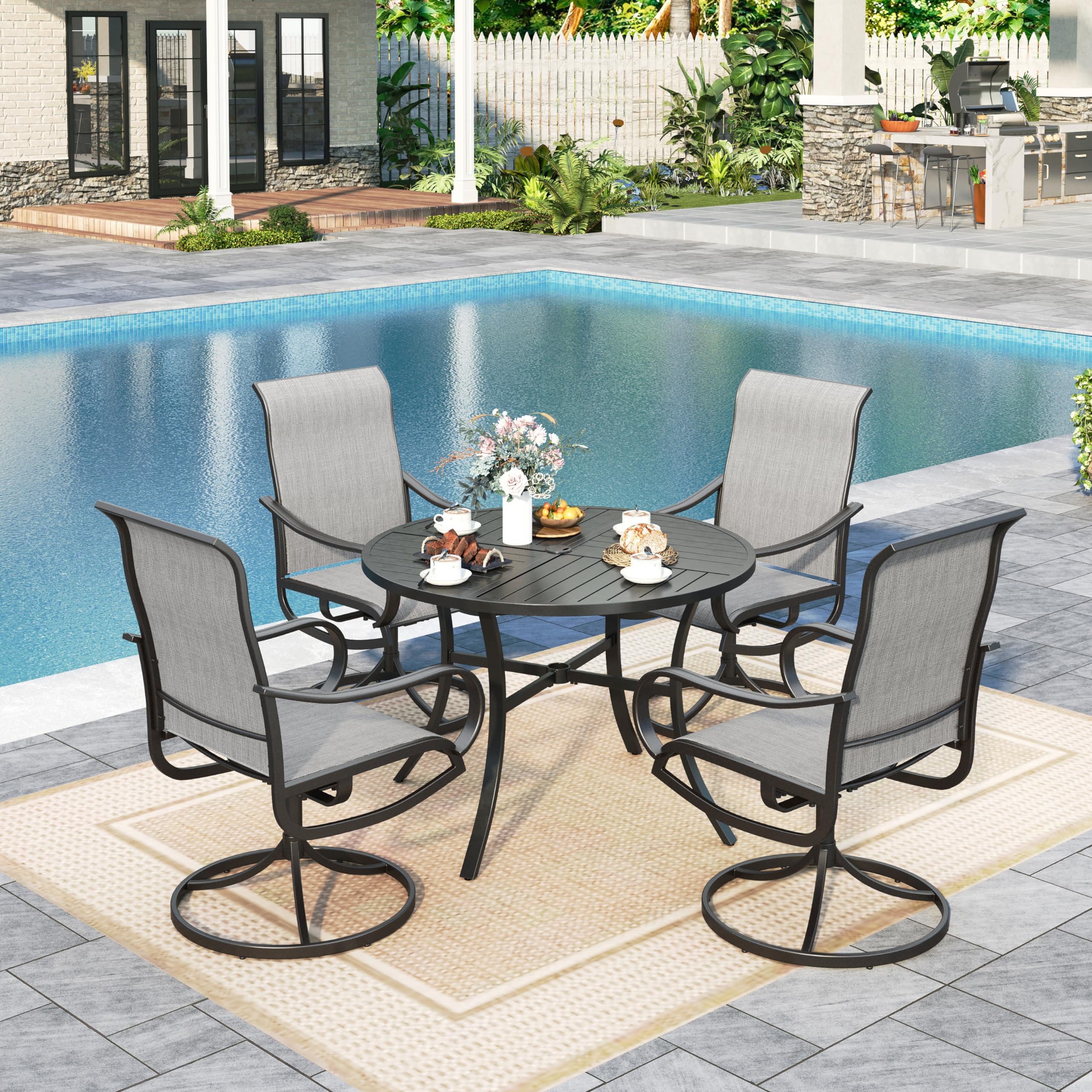 Sophia &amp; William Patio Dining Set for 4, Round Table &amp; Grey Swivel Chairs