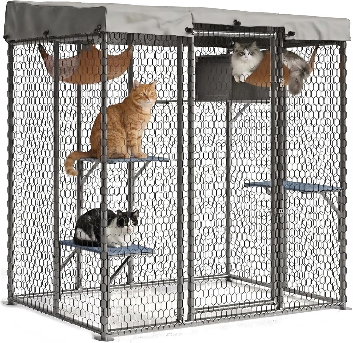 Large Outdoor Cat Enclosure, 76'' High Walk-in Cat Patio for Multiple Cats with Waterproof Cover, Hammock, Rest Box and 4 Shelves