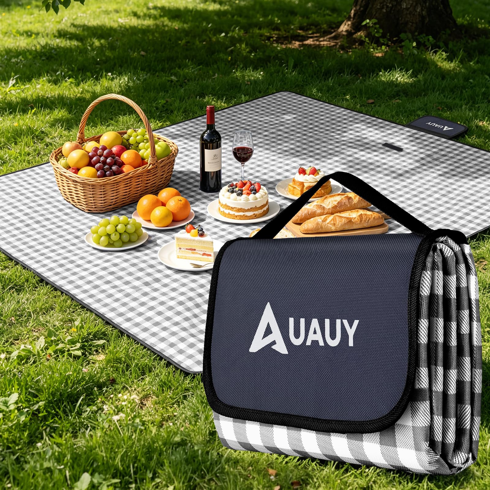 AUAUY Picnic Blanket, Waterproof Beach Rug, 200 x 200cm Black Grid — image 1