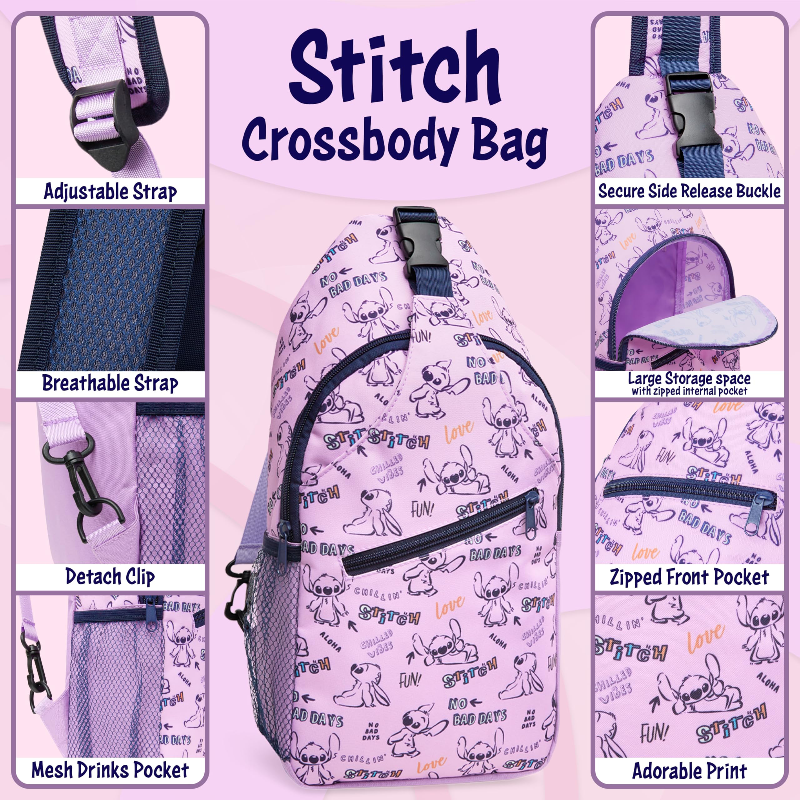 Disney Stitch Borsa Tracolla Bambina, Zaino Monospalla Sling Bag Casual, Borsetta Ragazza con Multitasche e Chiusura Zip