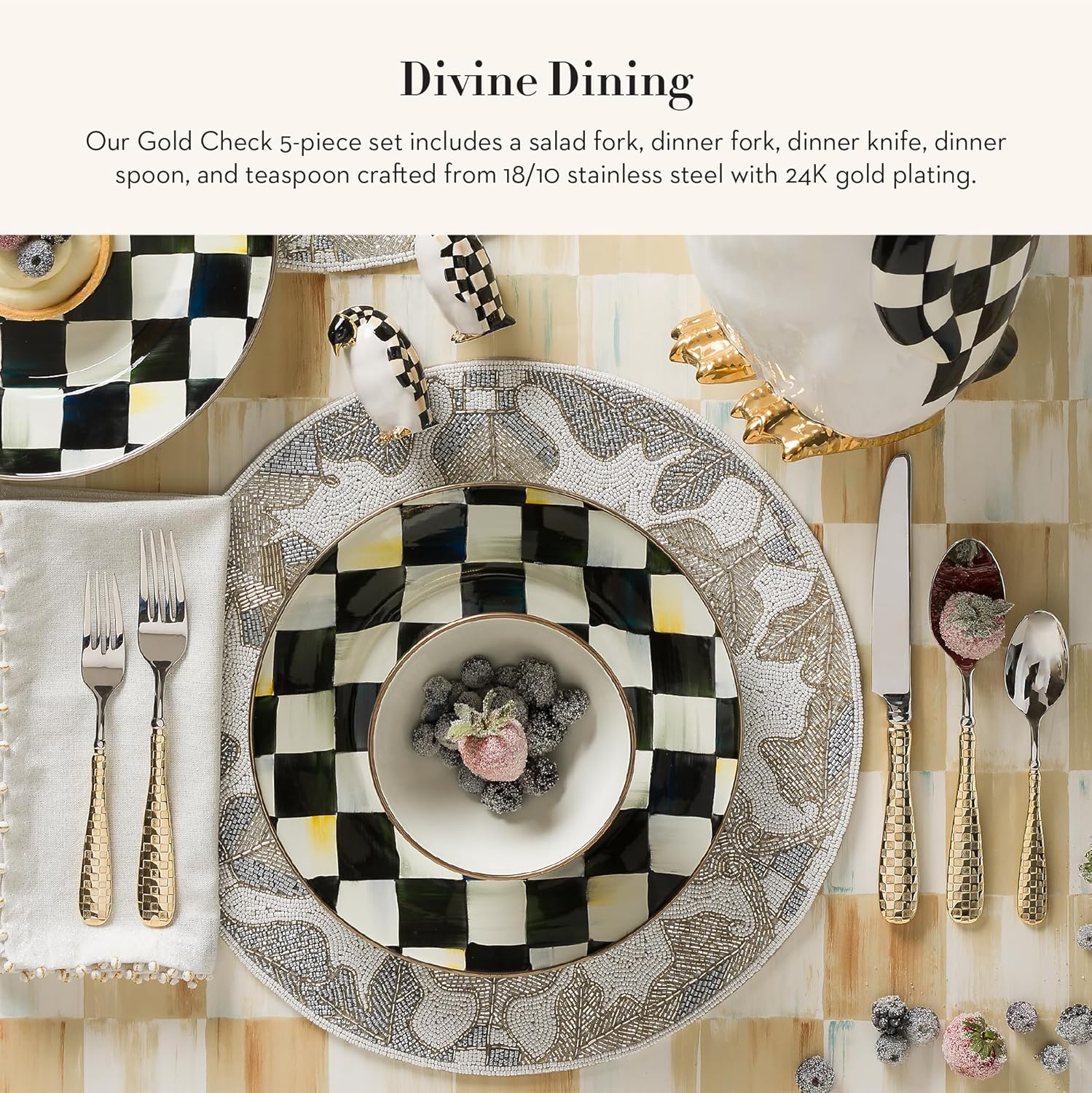 MACKENZIE-CHILDS 5-Piece Flatware Set, Cute Silverware Set with Salad Fork, Dinner Fork, Knife, Spoon, and Teaspoon, Gold Check