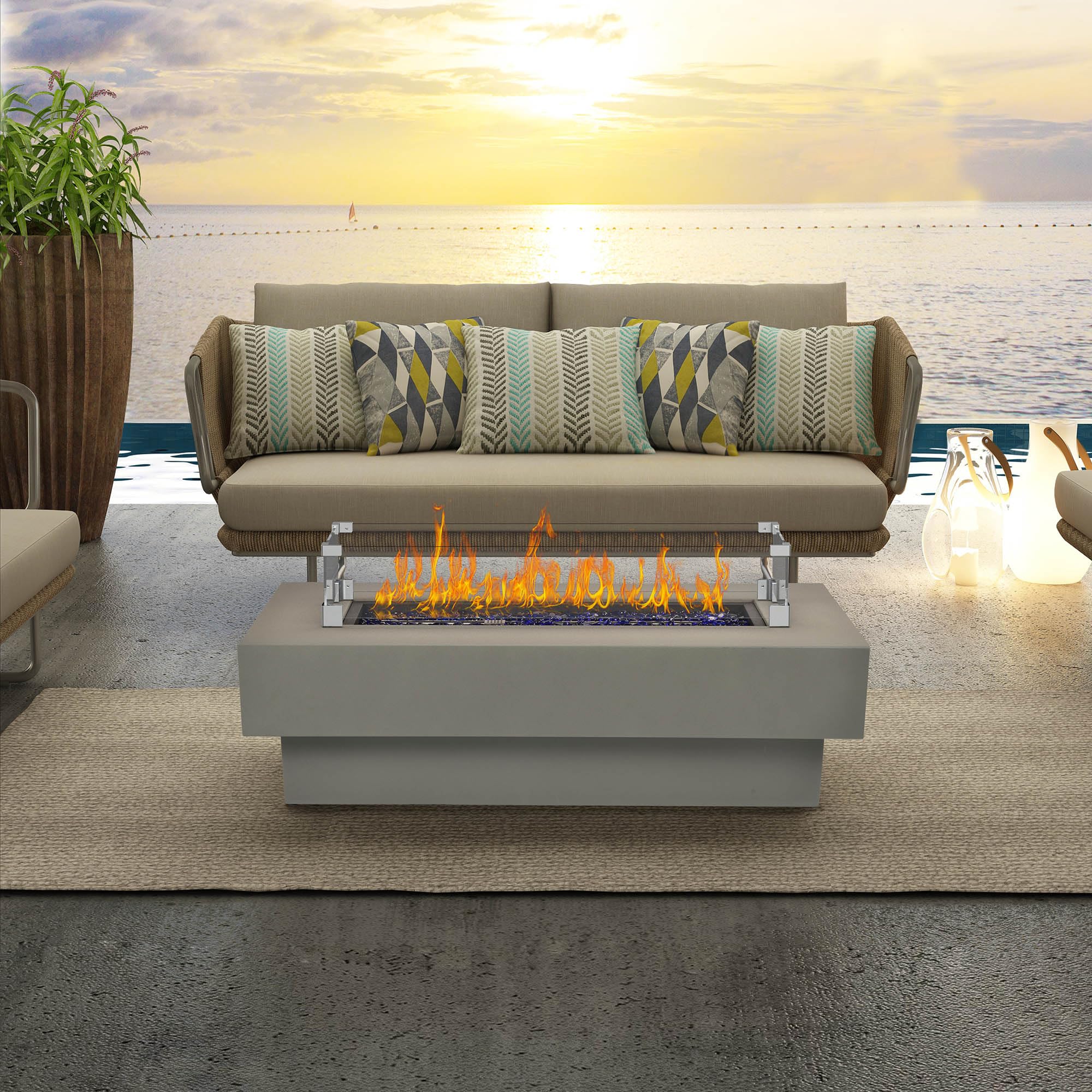 BAIDE HOME Outdoor Low Profile Fire Table with Wind Glass Shield