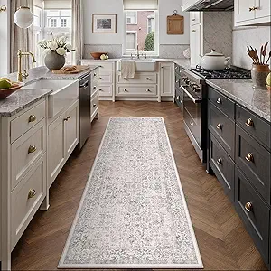 Gray Runner Rug 2x8 Hallway Machine Washable Kitchen Vintage Distressed Non Slip Long Carpet Indoor Grey Retro Floral Bedroom Accent Throw Rug for Bathroom Office Laundry Dining Living Room