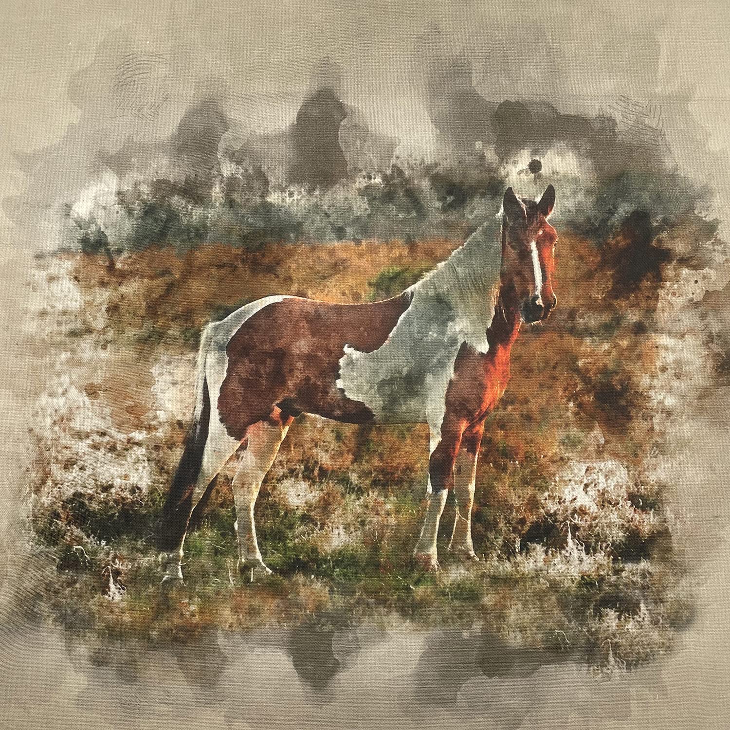 Premium Art Animal Digital Printed Cotton Rich Linen Look Quilting Craft Project Cushion Bag Making Furnishing Upholstery Fabric Material | per Panel (Wild Horse Art)