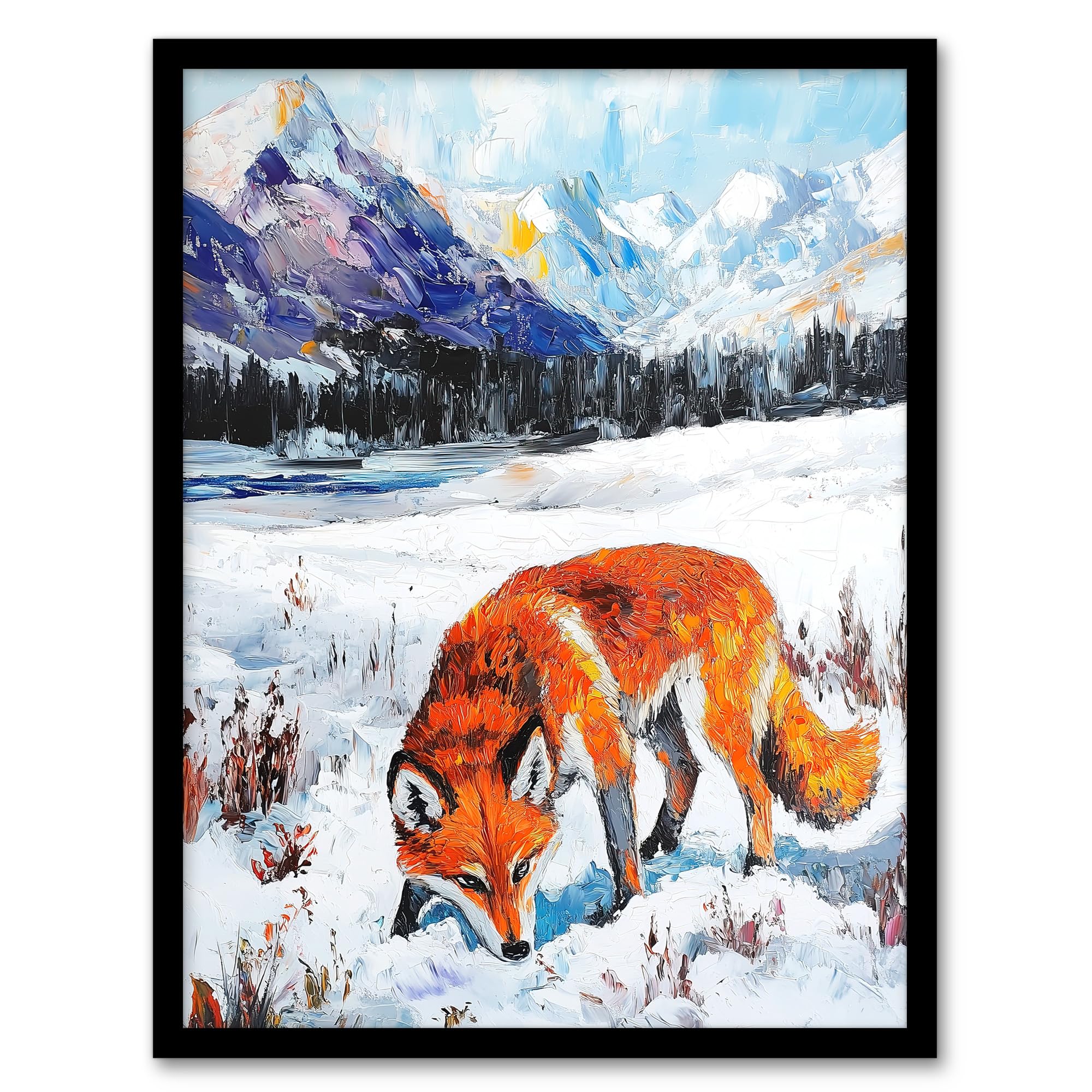 Artery8 Red Fox in Snowy Mountain Winter Landscape Living Room Artwork Framed Wall Art Print 18X24 Inch