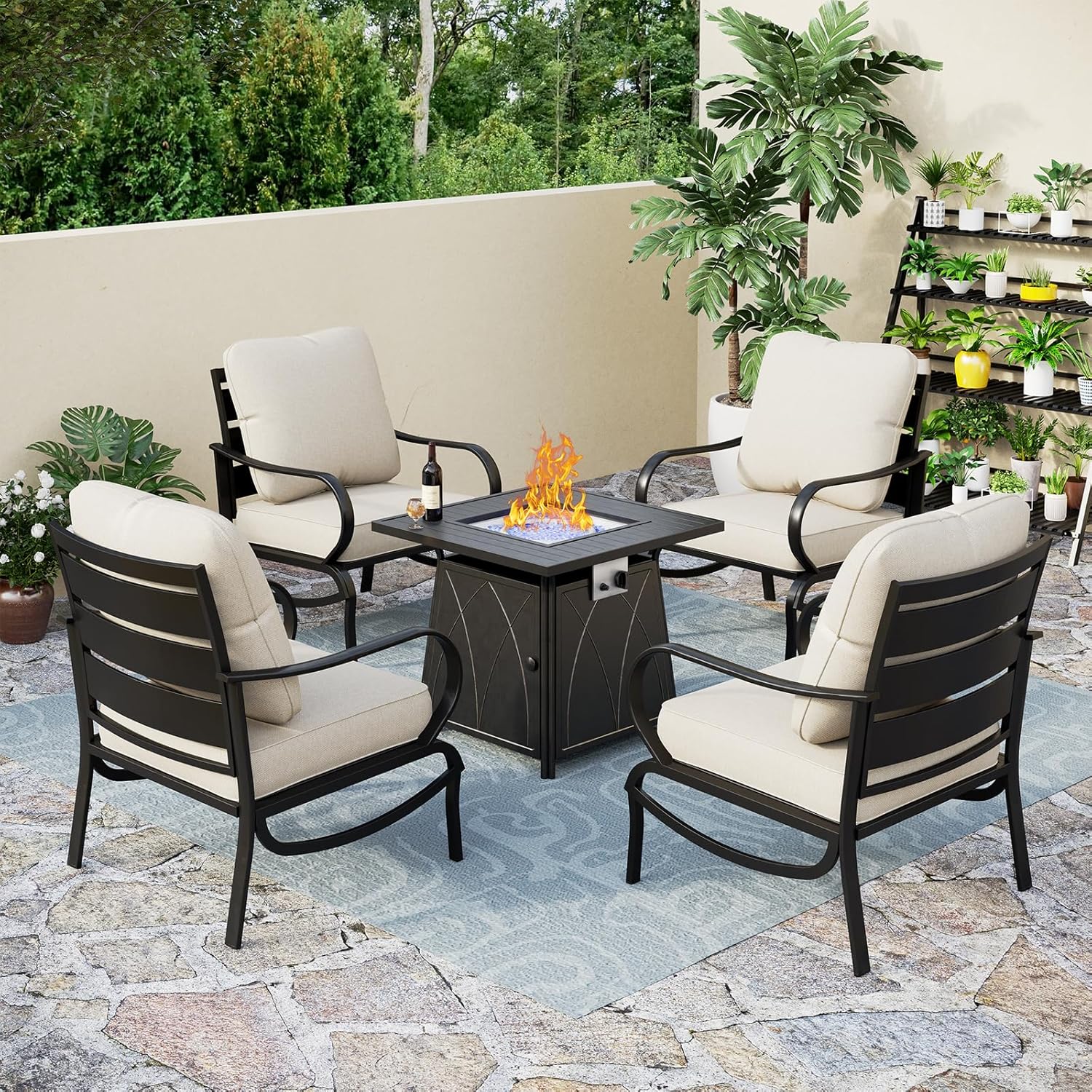 PHI VILLA 5 Piece Patio Furniture Set with 28" Firepit Table, 4 Outdoor 5.75" Cushioned Metal Frame Sofa Chairs & 28" Gas Firepit Table, Outside Furniture Set for Lawn Garden