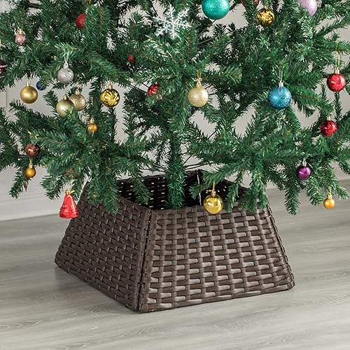 Miniatura 5 de Gardenised Cesta plegable para collar de falda de árbol de Navidad, cubierta de soporte de base de anillo, plástico de ratán, marrón