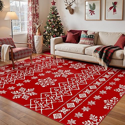 Miniatura 22 de Alfombra de área de Navidad 5 x 7 pies, copos de nieve rojos, alfombra decorativa festiva para sala de estar, dormitorio, alfombra antideslizante