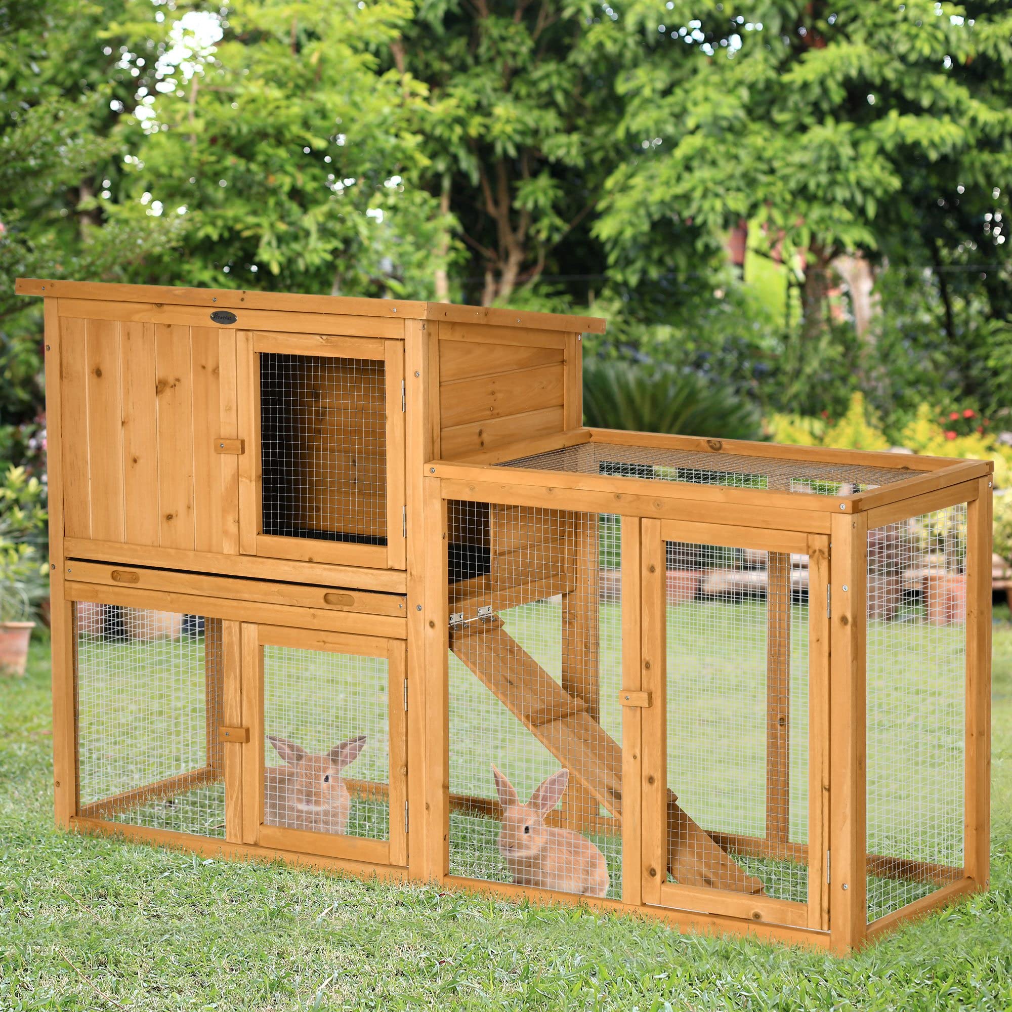 PawHut Gabbia 2 livelli con rampa 141x60x86 cm Arancione | Casa in legno per piccoli animali, ingressi multipli, vassoio rimovibile, interno/esterno