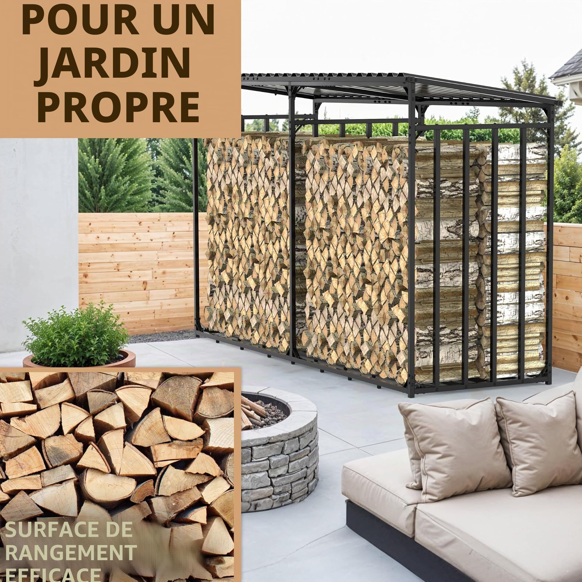 Abri à bûches extérieur en métal avec toit 300x105x185cm galvanisé | Résistant aux intempéries, Capacité 5 m³, Rangement bois de chauffage, XXL 3 m