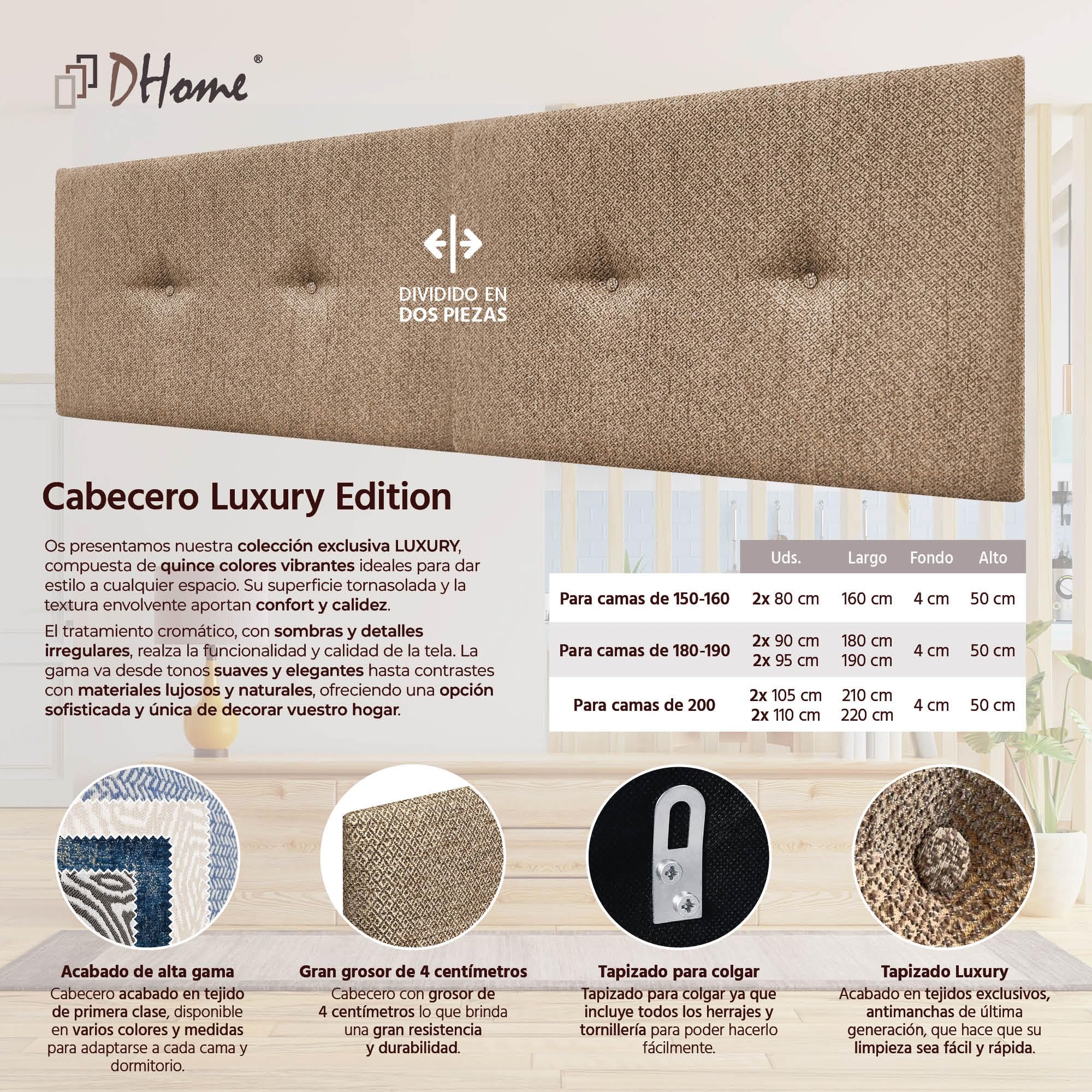 DHOME Testiera Imbottita in Tessuto Luxury Liscio con Bottoni Testiere Letto di Lusso (Golden Wood, 190x60cm)