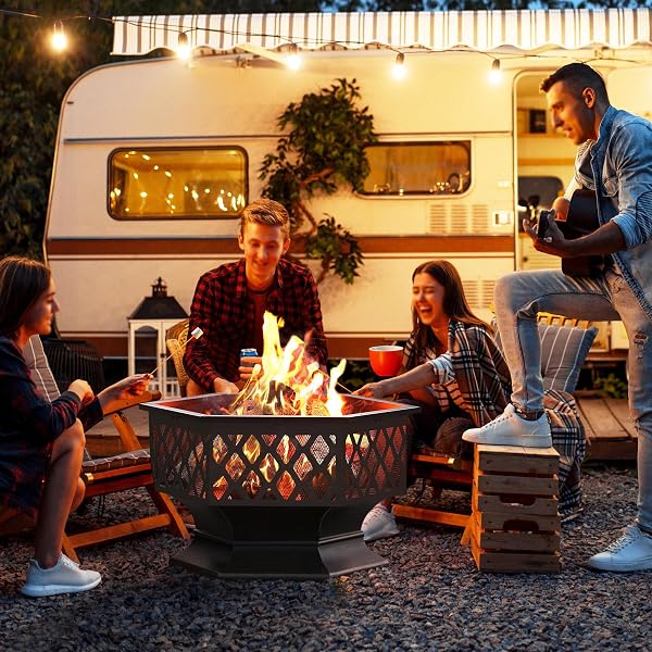 Yaheetech 66cm Fire Pit Hex-Shaped Wood Burning Outdoor Fire Bowl for Camping, Fire Pits for Garden with Spark Screen & Fire Poker - 2