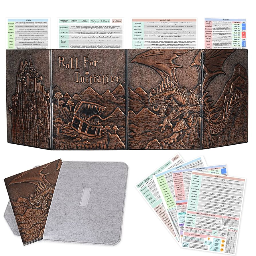 Dnd Accessories For Dungeon Masters CZYY Faux Leather DM Screen - 4-Panel With Dragon Art & Pockets For D&D, Pathfinder Dm Screen 5e