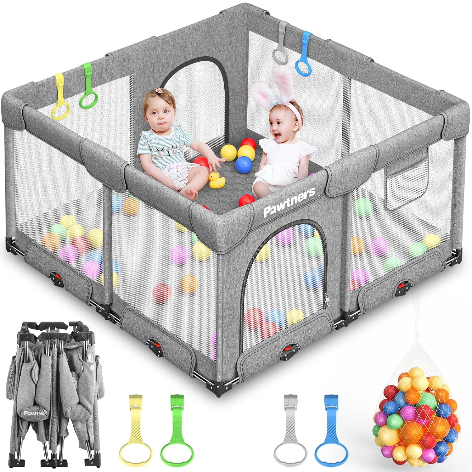 Foldable Playpen for Babies and Toddlers: 50" L x 50" W x 27" H, Large Kids Play Yard, Portable for Indoor and Outdoor Play Area, Baby Gate With 50PCS Ocean Ball, 4 Handles