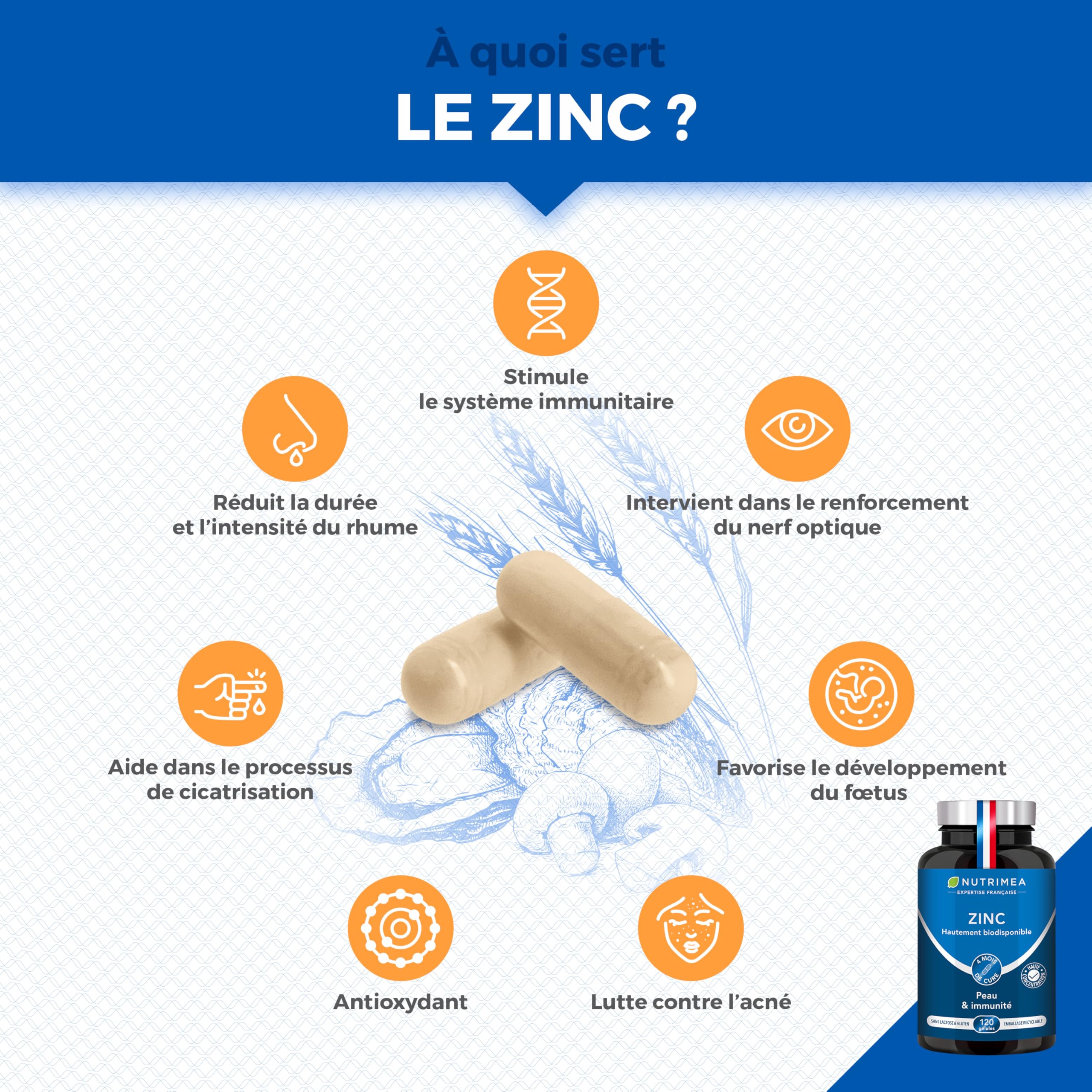 ZINC Citrate - Formule 100% Pure - Haute Absorption - Aide à Lutter Contre l'Acne - Apporte 40 mg de dont 12,5 mg de Zinc Élément (Zn) - 120 Gélules Vegan - Nutrimea - Fabriqué en France