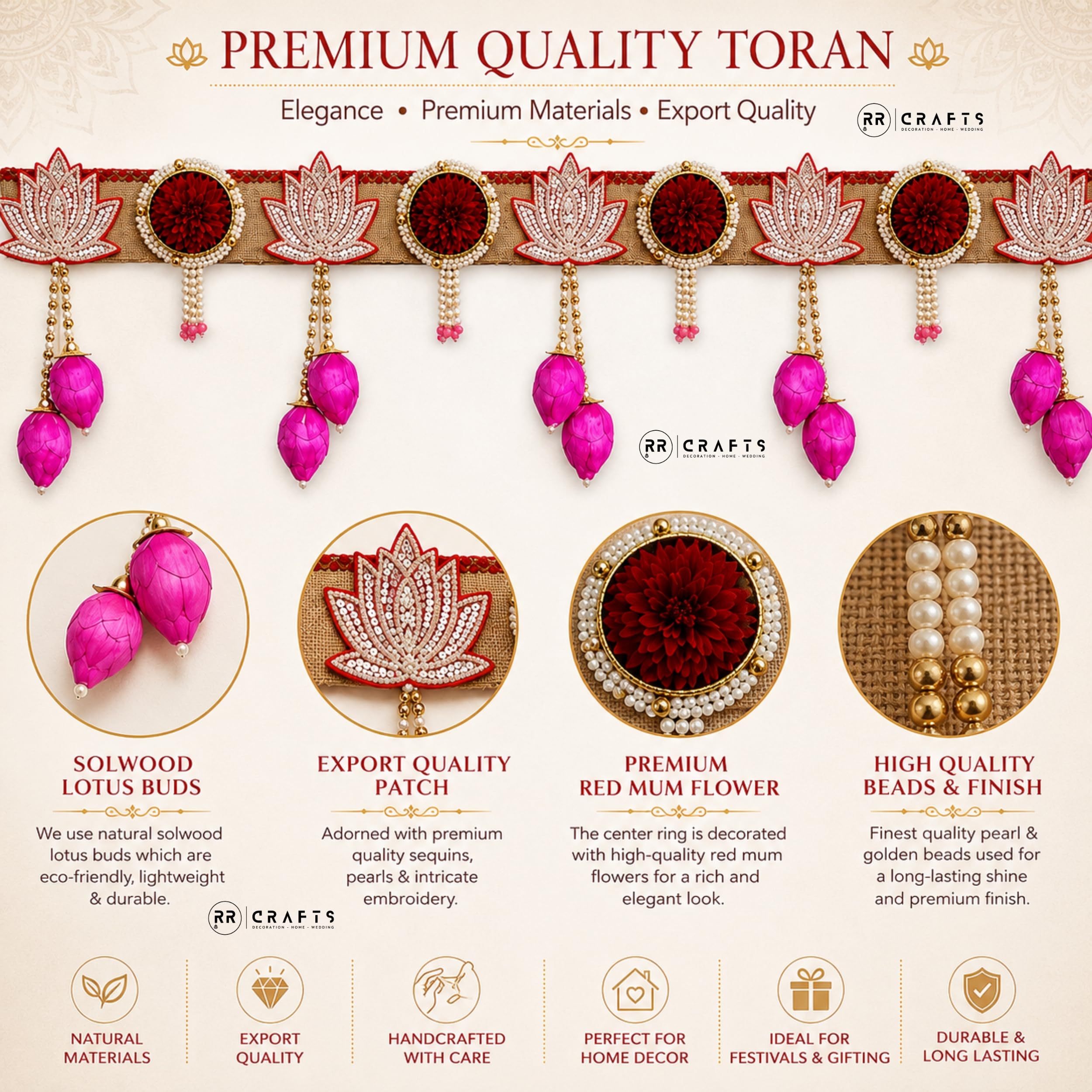 Pink Lotus Toran - Elegant Door Hanging Decor -5 Pink Lotus Toran - Elegant Door Hanging Decor -5