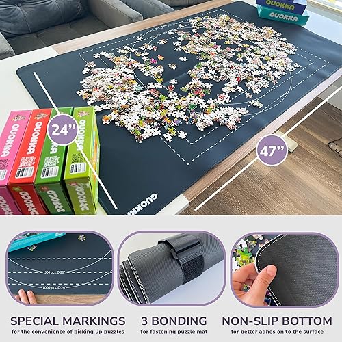 Miniatura 3 de QUOKKA Tapete enrollable para rompecabezas, 1500 piezas, 46 x 26 pulgadas, parte inferior de goma antideslizante de carbono gris portátil con parte