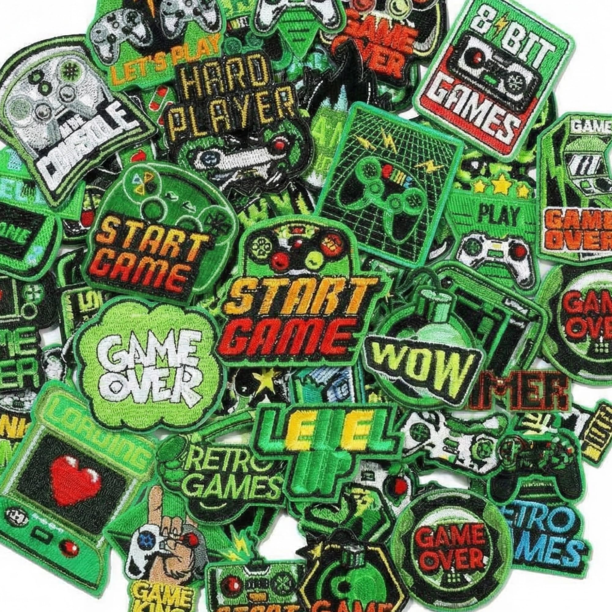 Hotop 48 Pcs Video Game Embroidery Patches Green Pixelated Gaming Sew Iron on Embroidered Applique Repair Iron on Patches for Clothes Boys Gamer Fans