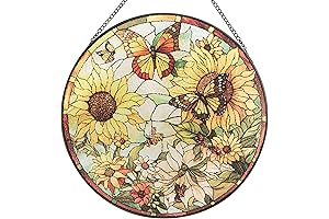 12" Sunflower Suncatcher Stained Glass Window Hanging with Yellow and Red Hues