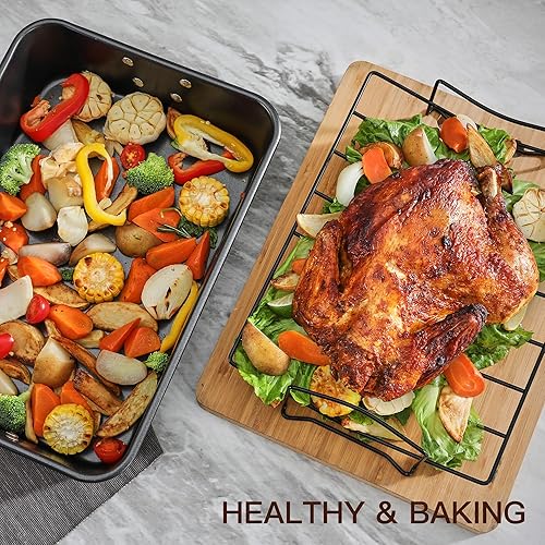 Miniatura 6 de HONGBAKE Sartén antiadherente con estante en forma de V, sartén para asar pavo de 11 x 15.75 pulgadas con mango de acero para hornos, bandeja para