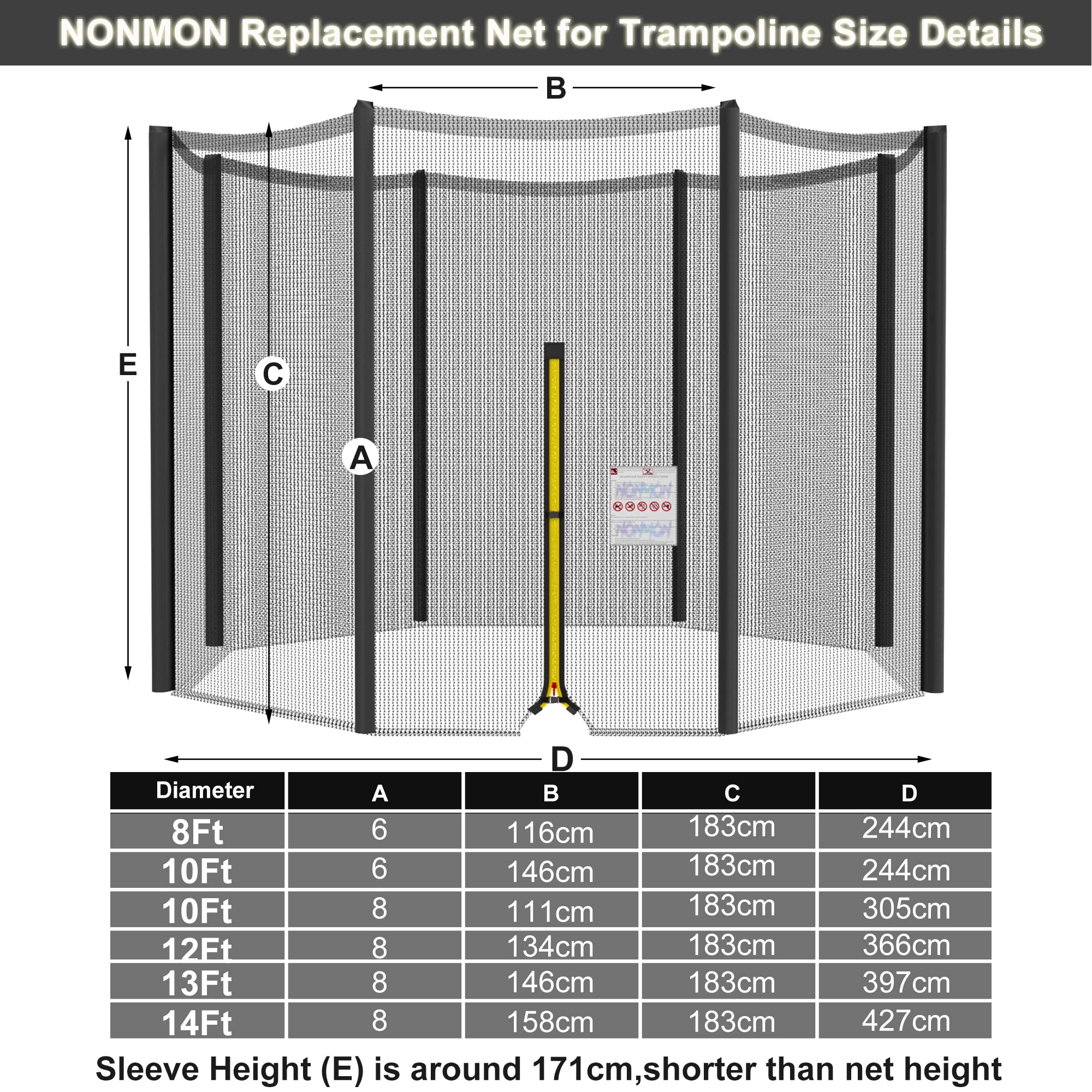 NONMON Rete di Sicurezza per Trampolino 244 305 366 397 427 cm con 6/8 Pali, Rete di Ricambio con Cerniera Fibbia, Rete di Protezione Esterno Antistrappo e Resistente ai Raggi UV