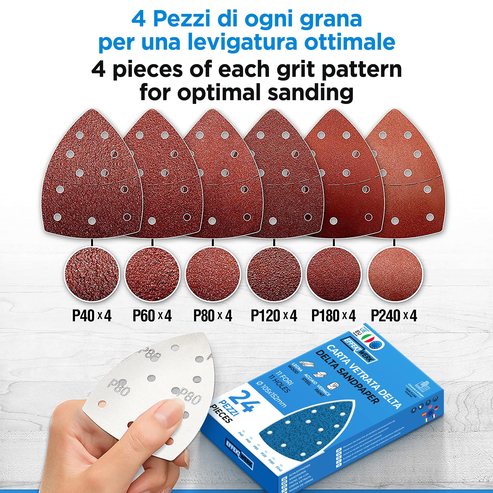 Carta Abrasiva Delta - Confezione da 24, 11 Fori - Tamponi Abrasivi Triangolari 105 x 152mm per Levigatrici Triangolari - Varie Grane (40, 60, 80, 120, 180, 240)