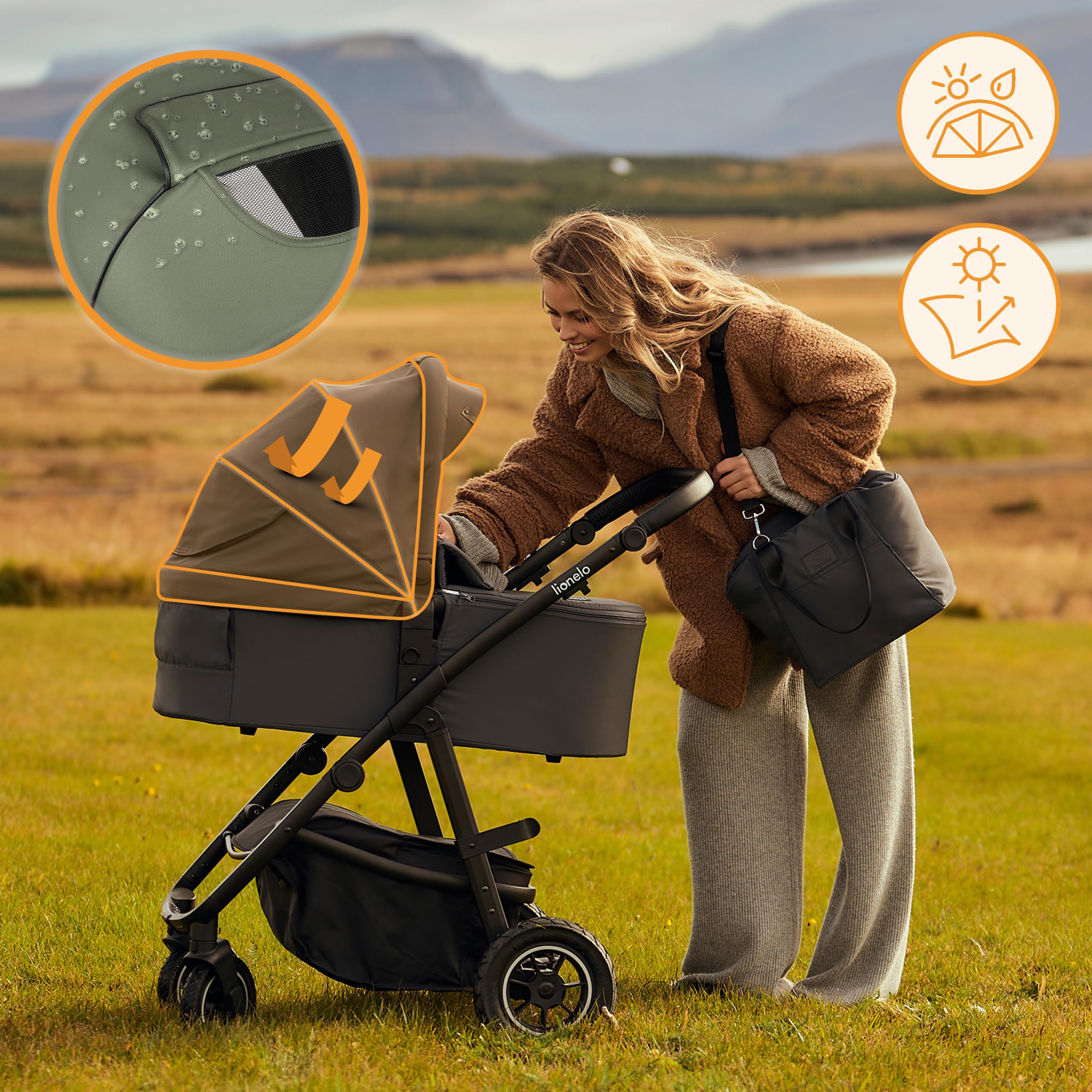LIONELO AMBER PLUS 3 en 1 Carrito de bebe Multifuncional de 0 a 4 años hasta 22 kg con Capazo XL, Silla de coche hasta 13 kg, Respaldo Ajustable, Ruedas Grandes Todoterreno 360o Capota XXL