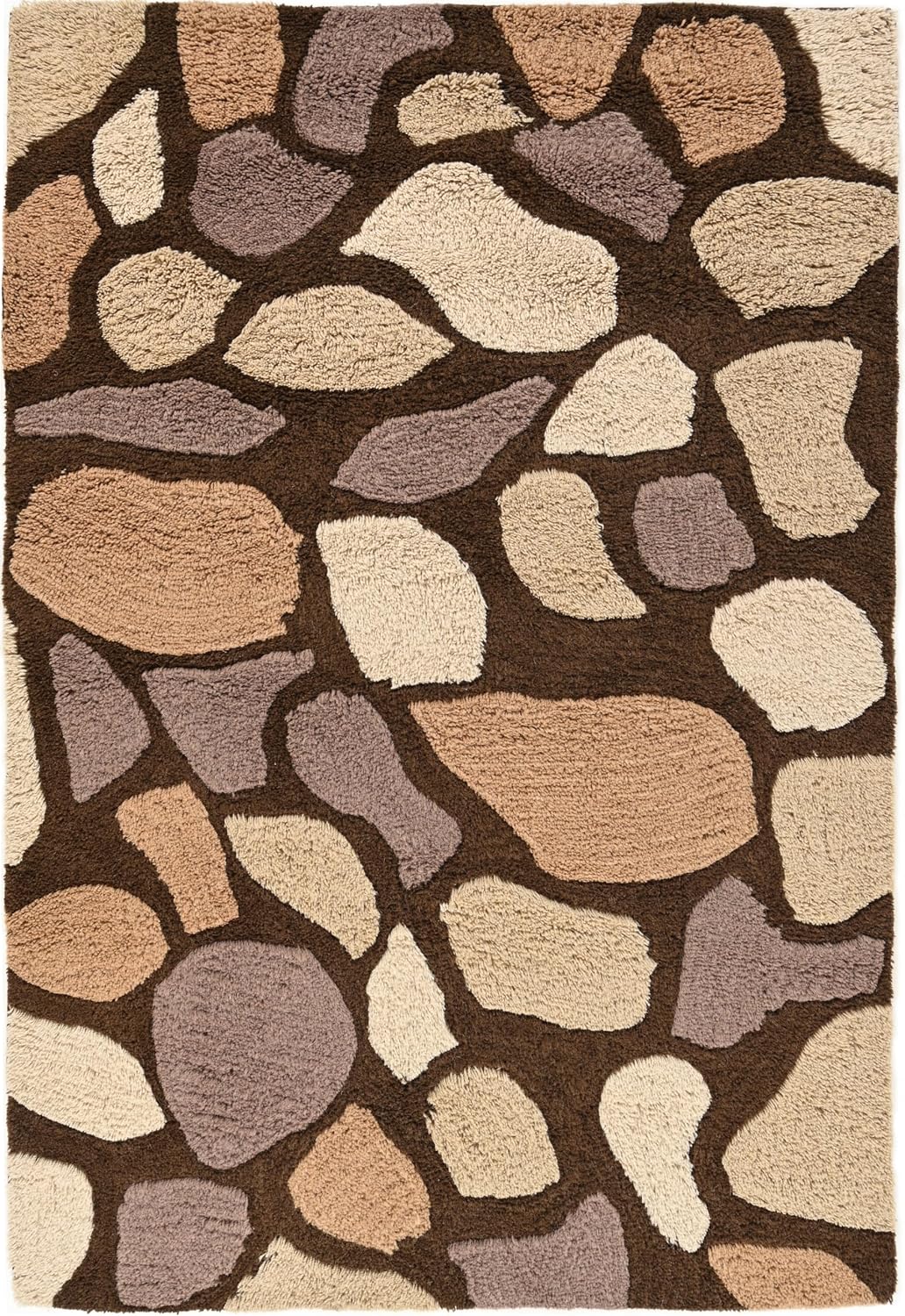 Abstract Geometric Wool Area Rug – Pebble Stone Pattern | Hand-Crafted Soft Washable Carpet for Living Room, Bedroom & Office | High-Pile Fluffy Plush Texture and Non-Slip Backing (Brown, 5' x 8')