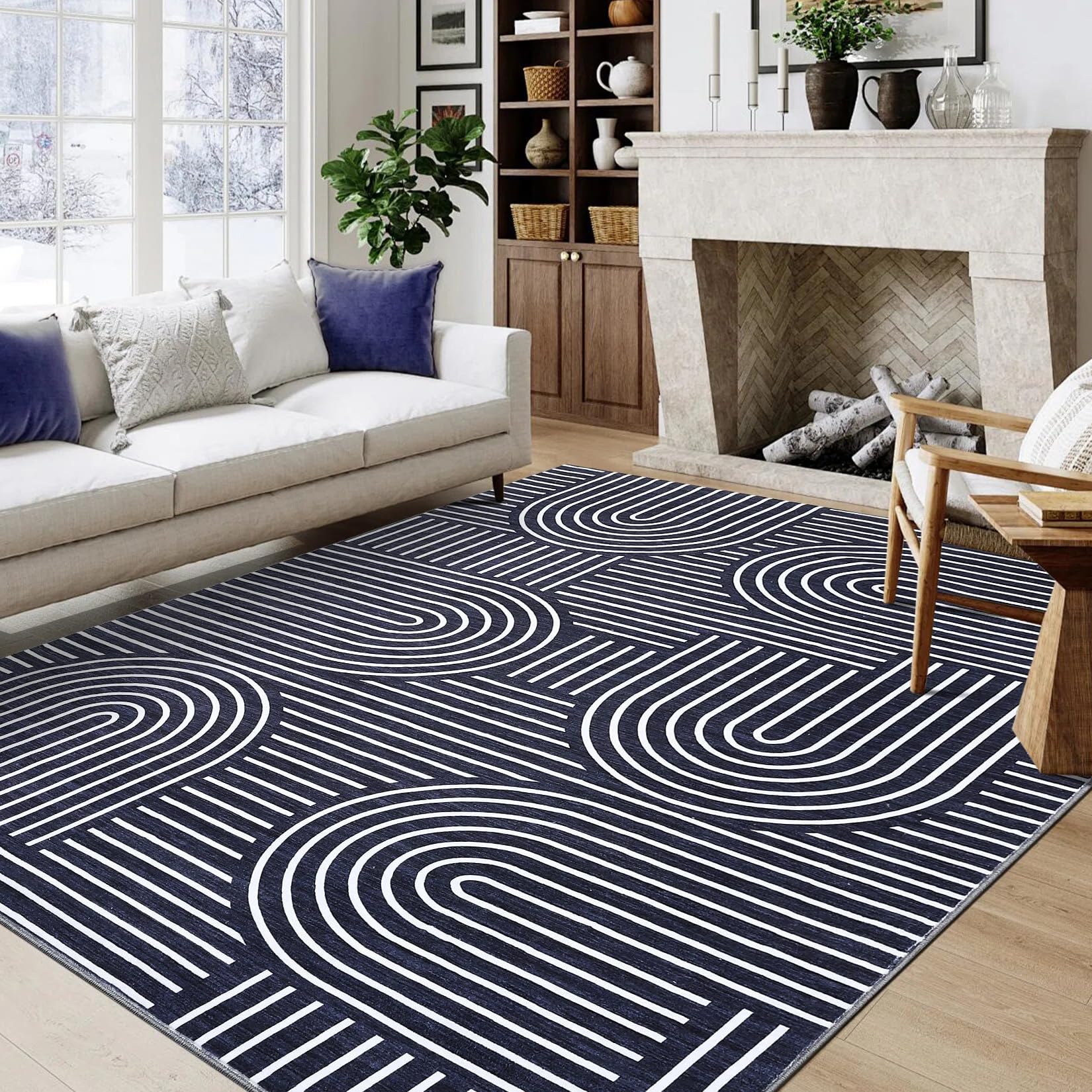 LuxFocus Großer Wohnzimmer-Teppich 200x290 cm, Rutschfester Kurzflor mit geometrischem Linien-Design, modernes strukturiertes Muster für Esszimmer & Lounge, Dunkelblau