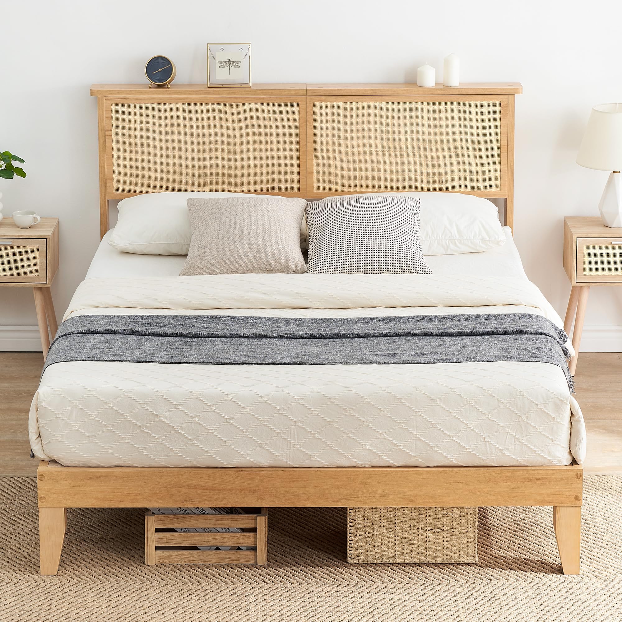 Bohemian Rattan Bed Frame Queen with Natural Rattan Headboard – Solid Wood Foundation with Silent Slats, LED Lights, No Box Spring Needed