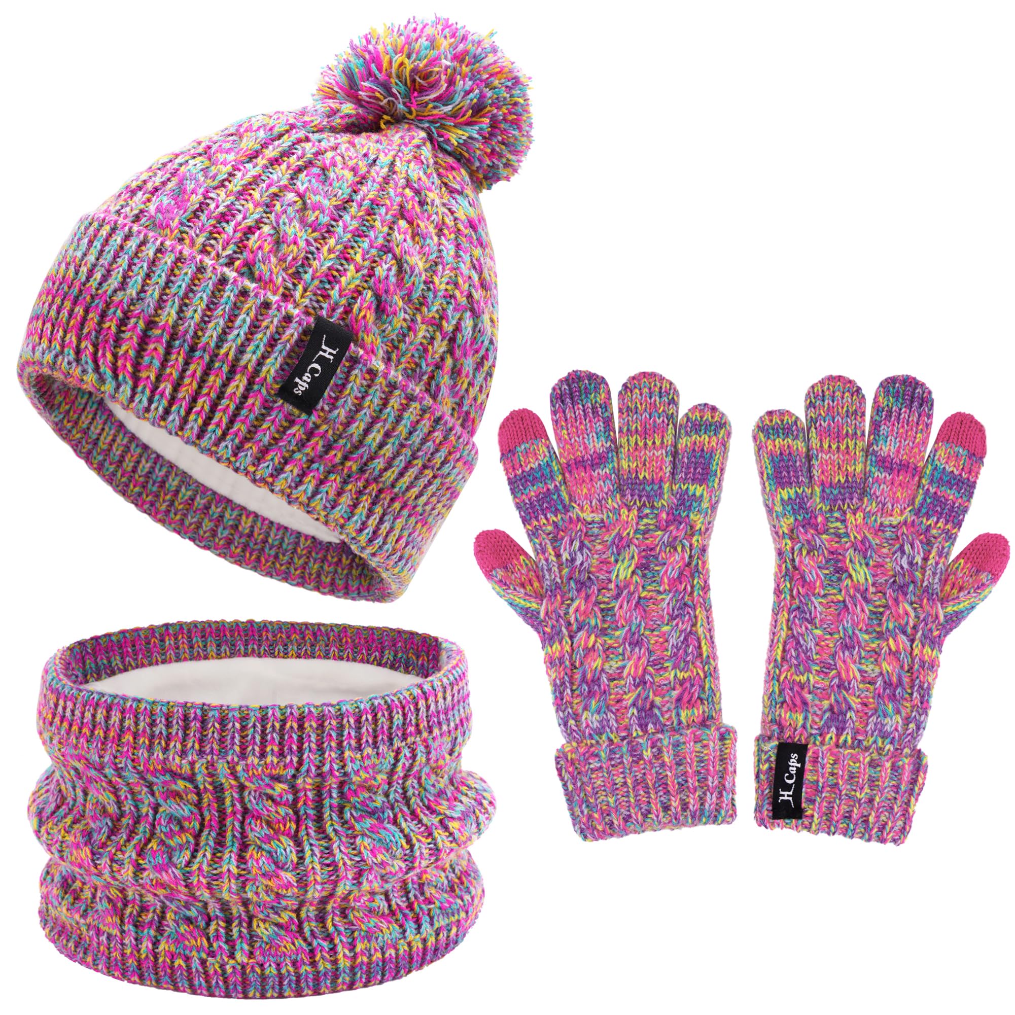 Enfant Fille Garçons Hiver Chapeau Bonnet Echarpe Écran Tactile Gants Set 3-6-12 Ans Tricot Pom Bonnets Casquette Cache Cou Gant Cadeaux pour Filles Garçons