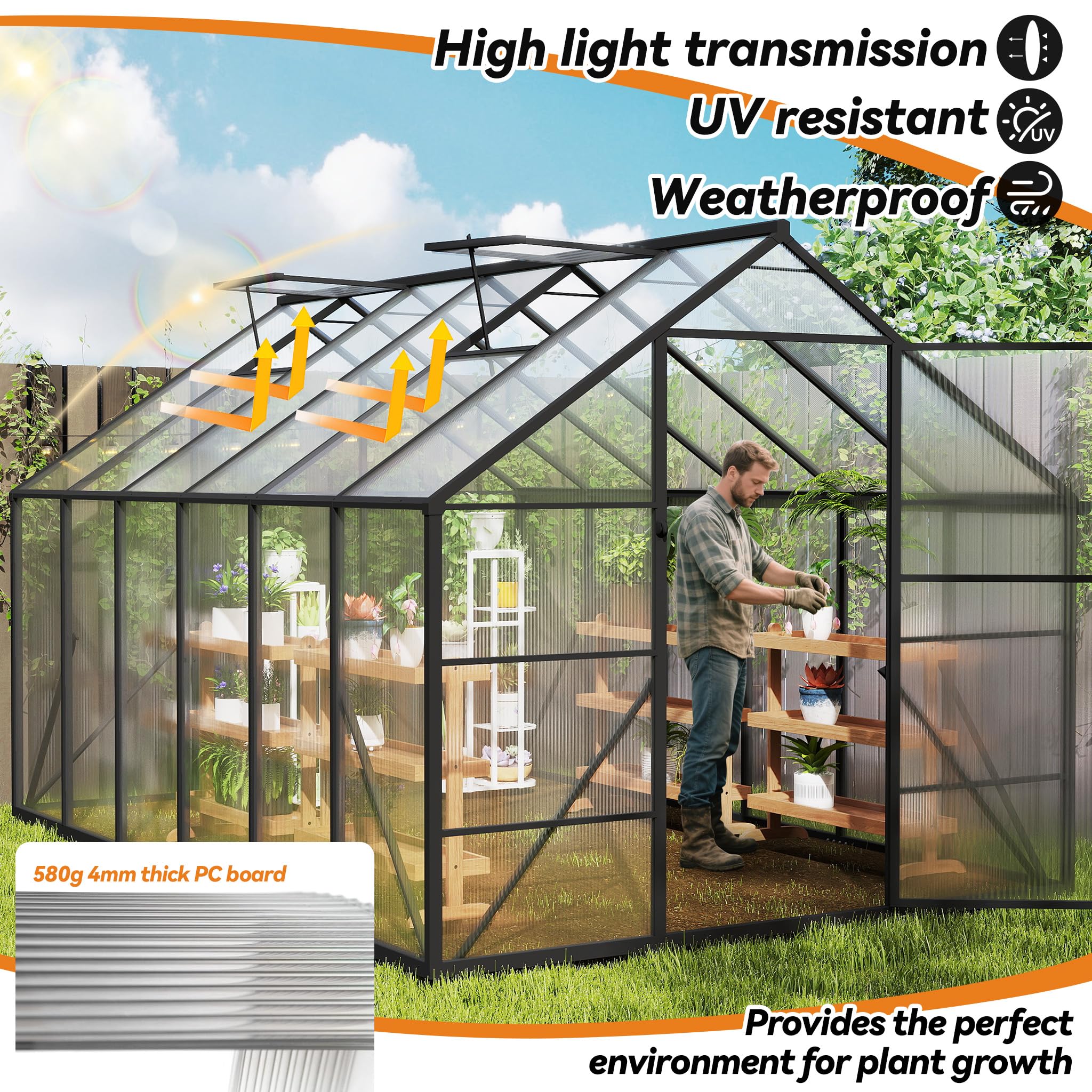 NAIZY Serre de jardin de 380 x 250 x 205 cm, avec ancrage au sol et base de 6 cm, de 580 g, plaque de polycarbonate et aluminium de 4 mm, pour tomates, résistante à l'hiver, protection UV