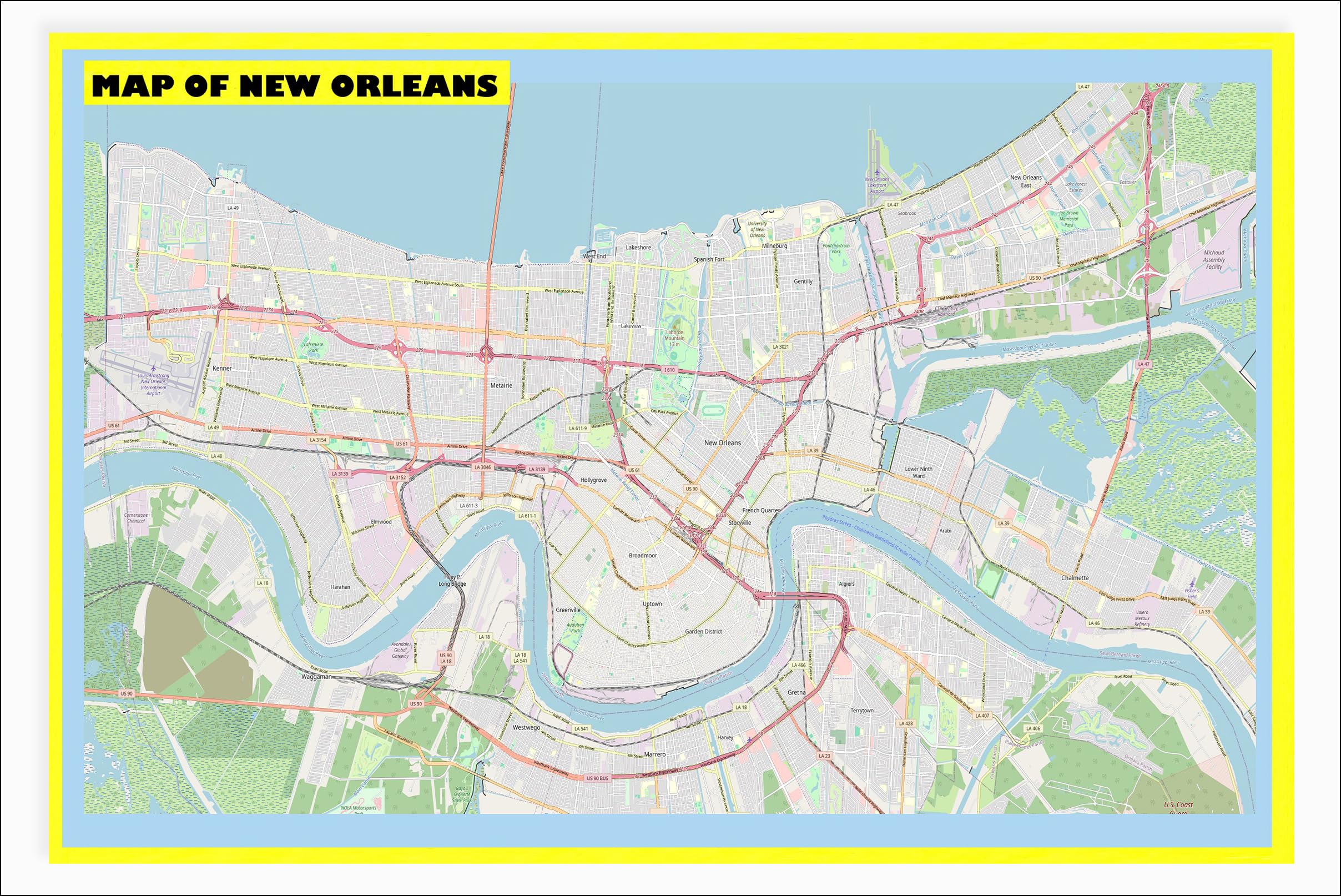 24x36 - Map of New Orleans with Neighborhoods, Streets, Roads, Highways and Parks - Laminated Wall Map Poster Print - Vivid Imagery with Bright Colors