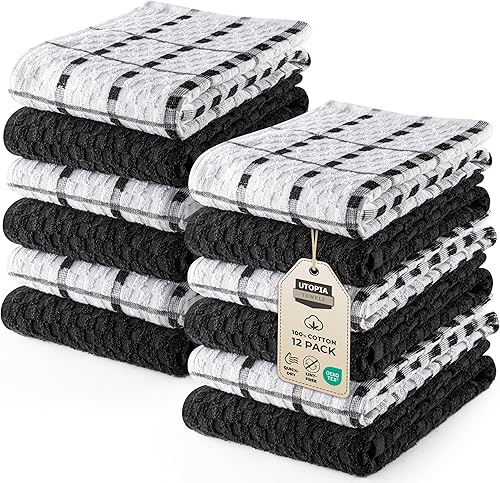 Utopia Towels Juego de 12 toallas de cocina, 15 x 25 pulgadas, 100% algodón hilado en anillo súper suave y absorbente, toallas de cocina y bar