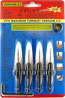 FTG USA Countersink Drill Bit Set 4 Pc #4(7/64") Countersink Drill Bit Same Size Countersink with Tapered Countersink Bit, 1 Stop Collar, 1 Hex Wrench (Allen Key) Woodworking Countersink Drill Bits