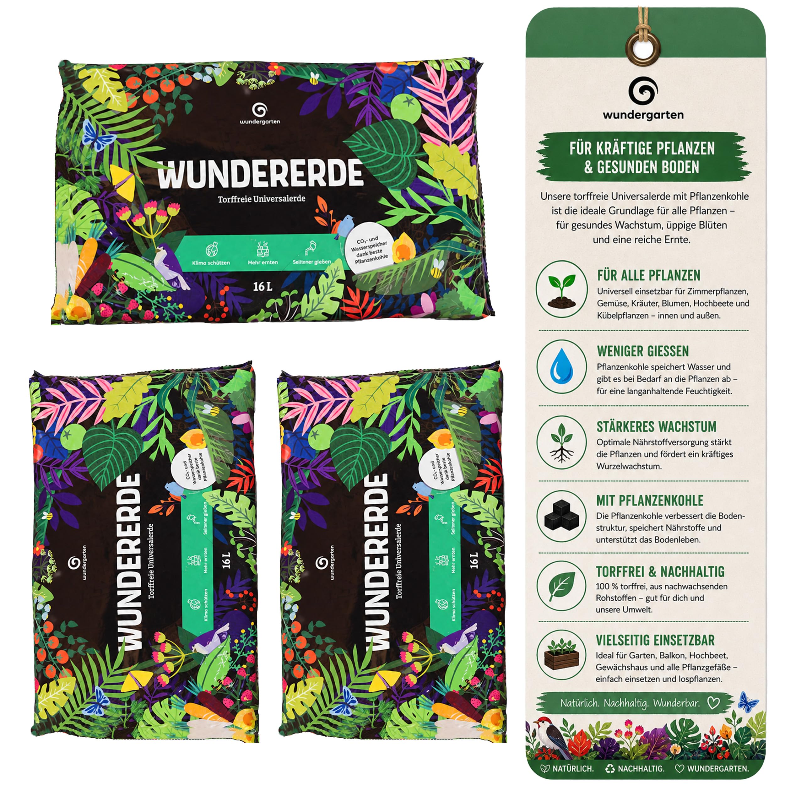 9X 16L Bio Universalerde torffrei – Mit Pflanzenkohle – Wundergarten Wundererde – Blumenerde für Zimmerpflanzen, Balkon & Kräuter – Weniger Gießen & Düngen