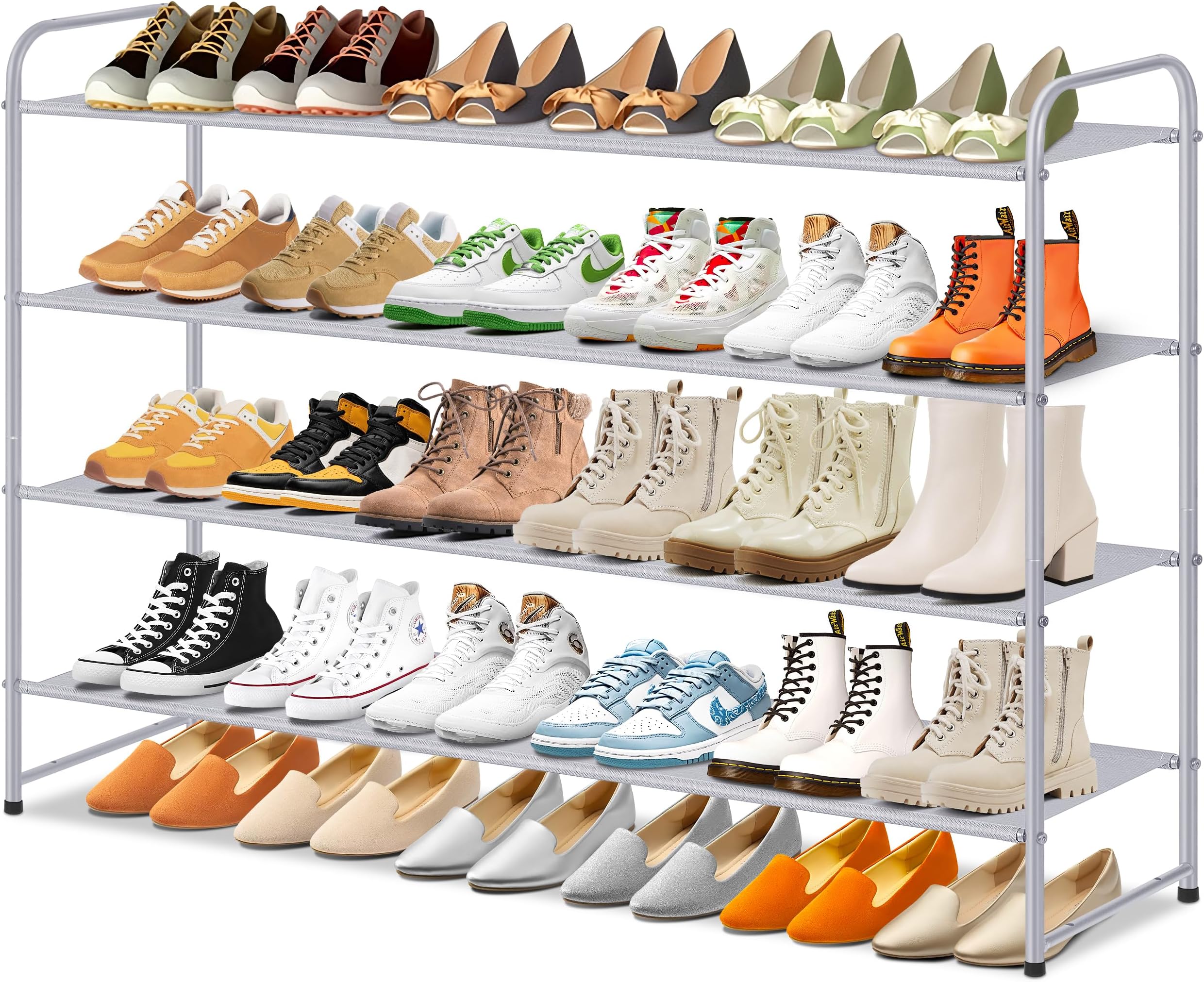 SLEEPING LAMB 4-Tier Long Shoe Rack Organizer for Closet, Stackable Wide Shoe Shelf Holds 30-Pairs Low Shoe Storage for Bedroom, Floor, Entryway (Grey)