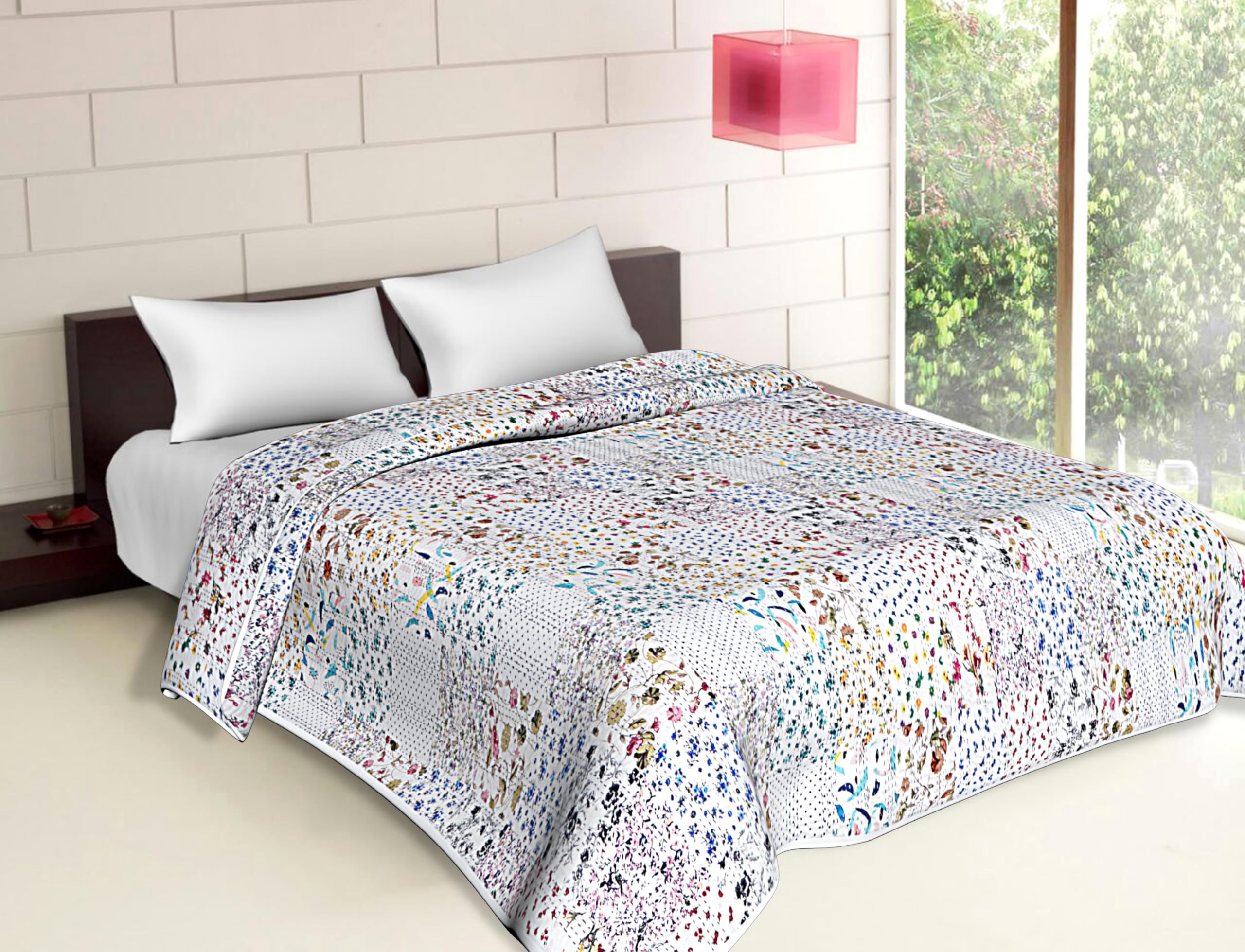 DecorAvenue Patchwork Kantha Quilt,Throw, Handmade Silk Bed Cover,Bedding Bedspread,Vintage Hand Stitch Gudri, Decorative Beach Blanket (Off White, Queen 90" x 108" with Pillow Sham)