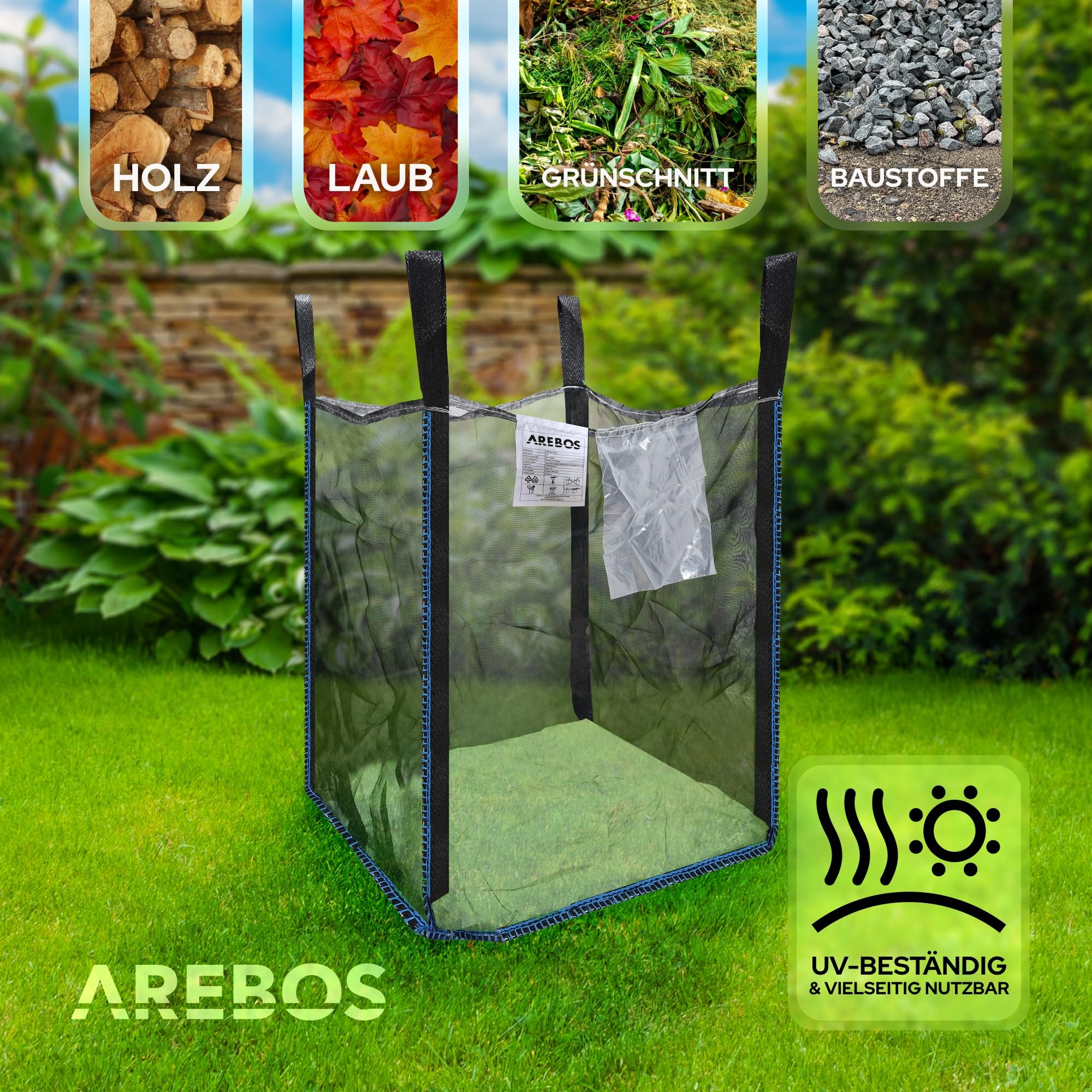 Arebos Premium Holzsack 5er Pack | Big Bag 100x100x120 cm | mit 4 Schlaufen und Einfüllschürze | Tragfähigkeit 1000 kg, SF 5:1, EN ISO 21898 | Säcke für Bauschutt, Holz, Gartenabfall | UV-Beständig
