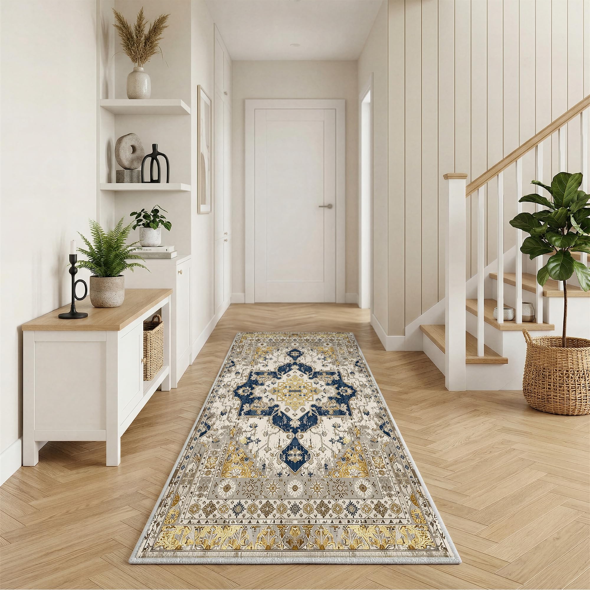 Cliporix 80x150cm Runner Rug for Bedroom, Vintage Boho Carpets for Living Room, Non Slip Backing, Machine Washable, Short Low Pile, Navy Blue & Gold Aera Rug for Hallway, Kitchen, Entryway & Bathroom
