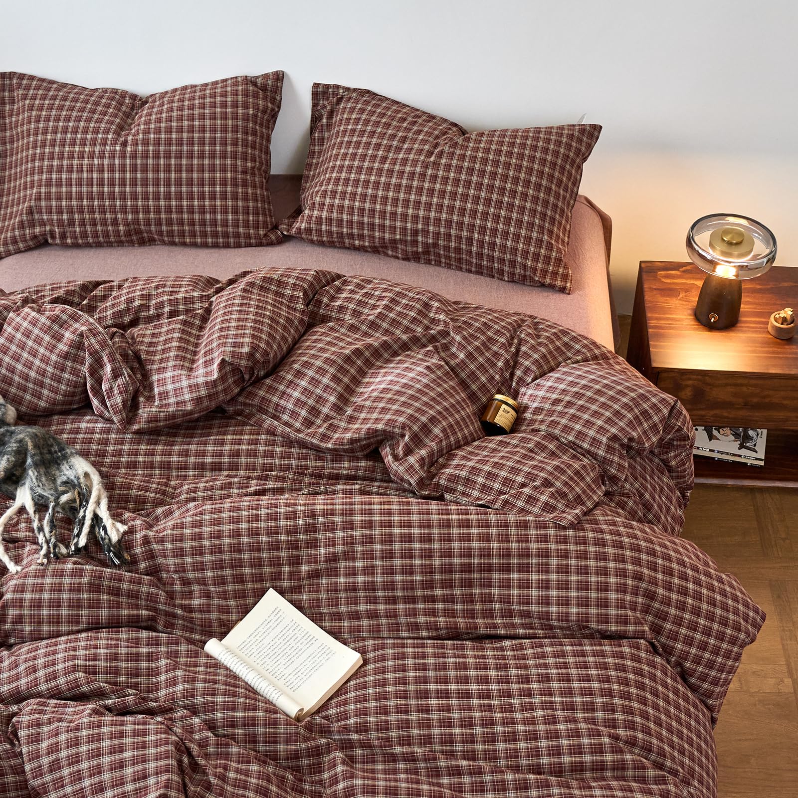 EAVD Vintage Plaid Gingham Duvet Cover Queen 100% Washed Cotton Burgundy