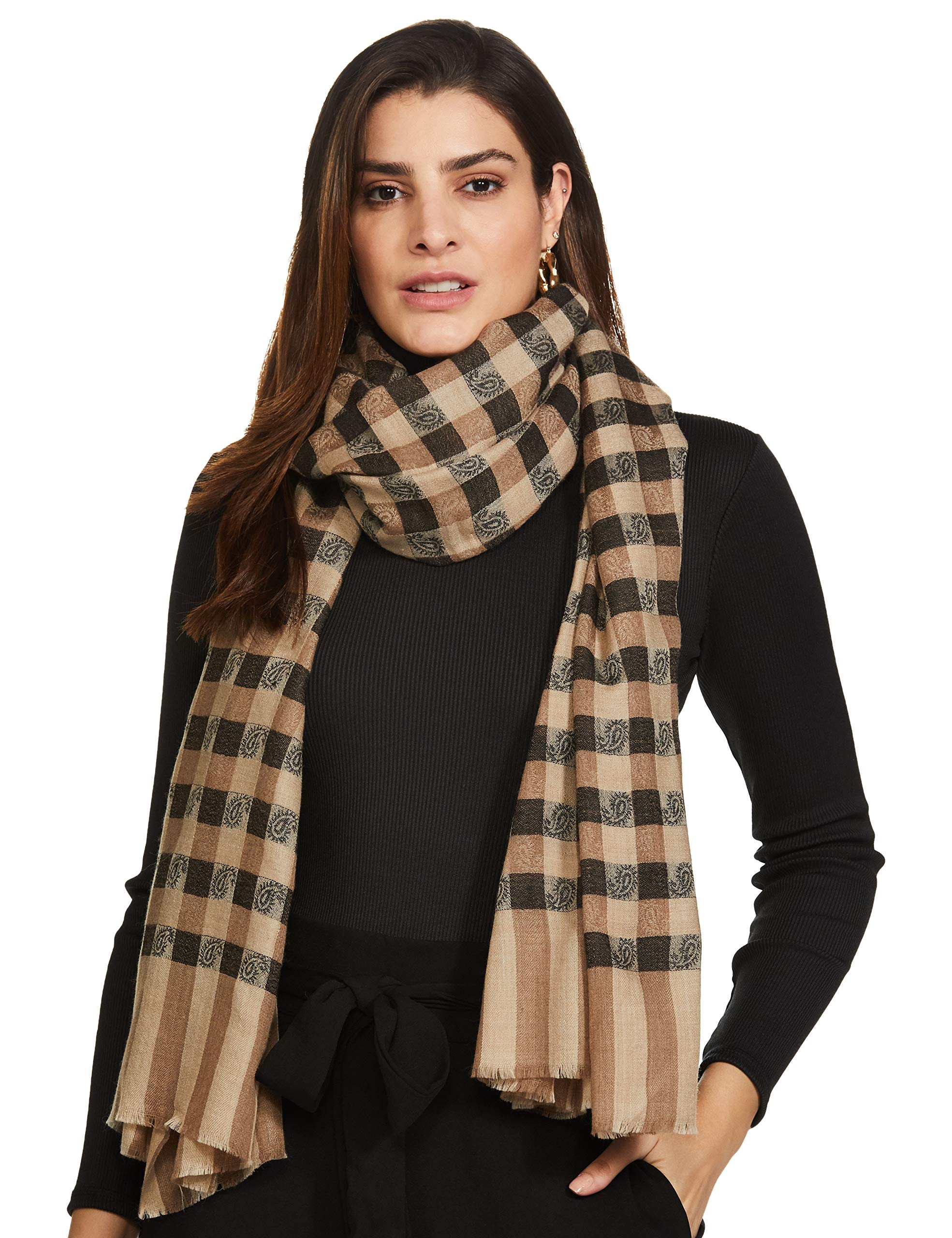Womens Luxury Wool Checkered Scarf, Reversible, Extra-Fine, Black and Beige-image-39