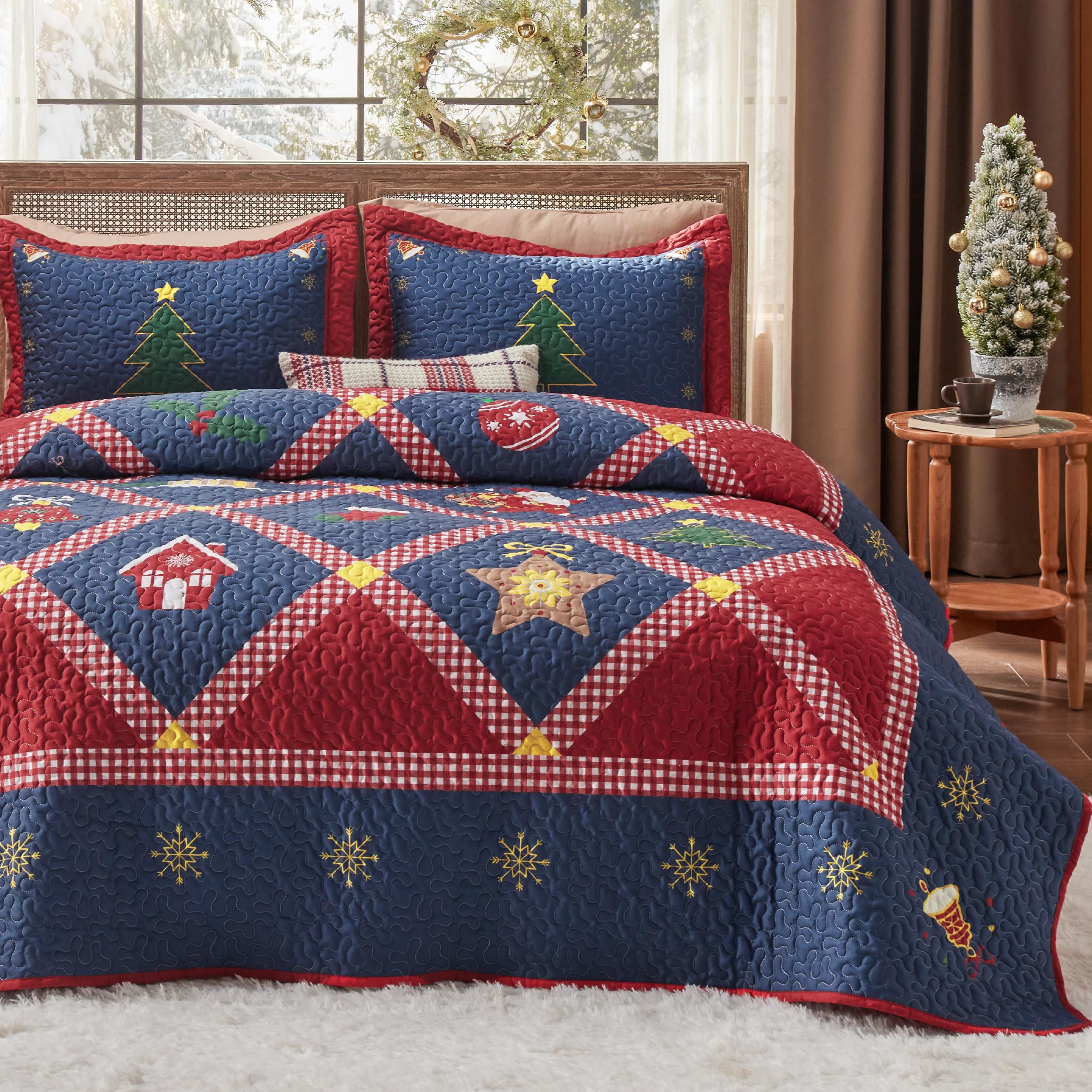 Bedsure Christmas Quilt Set Queen - Red Quilt for Queen Size Bed, Irregular Patchwork Printed Pattern Christmas Bedding Set - Soft Microfiber Lightweight Coverlet Bedspread (90"x96", 3 Pieces)