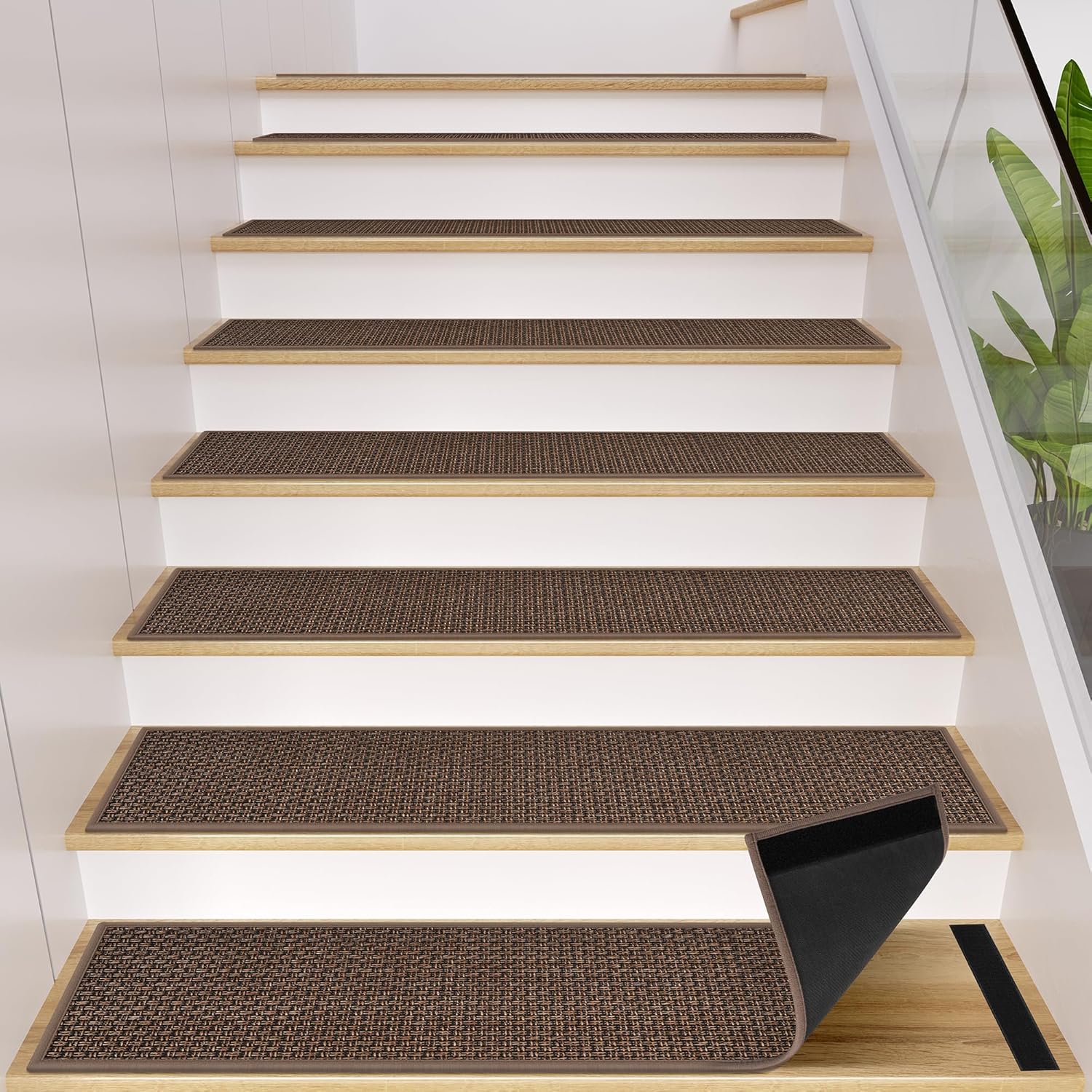 GOYLSER Peel and Stick Stair Treads with Rubber Backed Pack of 15, Jute Stair Rug Staircase Step Treads, Reusable Stair Pads Step Mats for Bare Feet, 30"x8", Light Brown