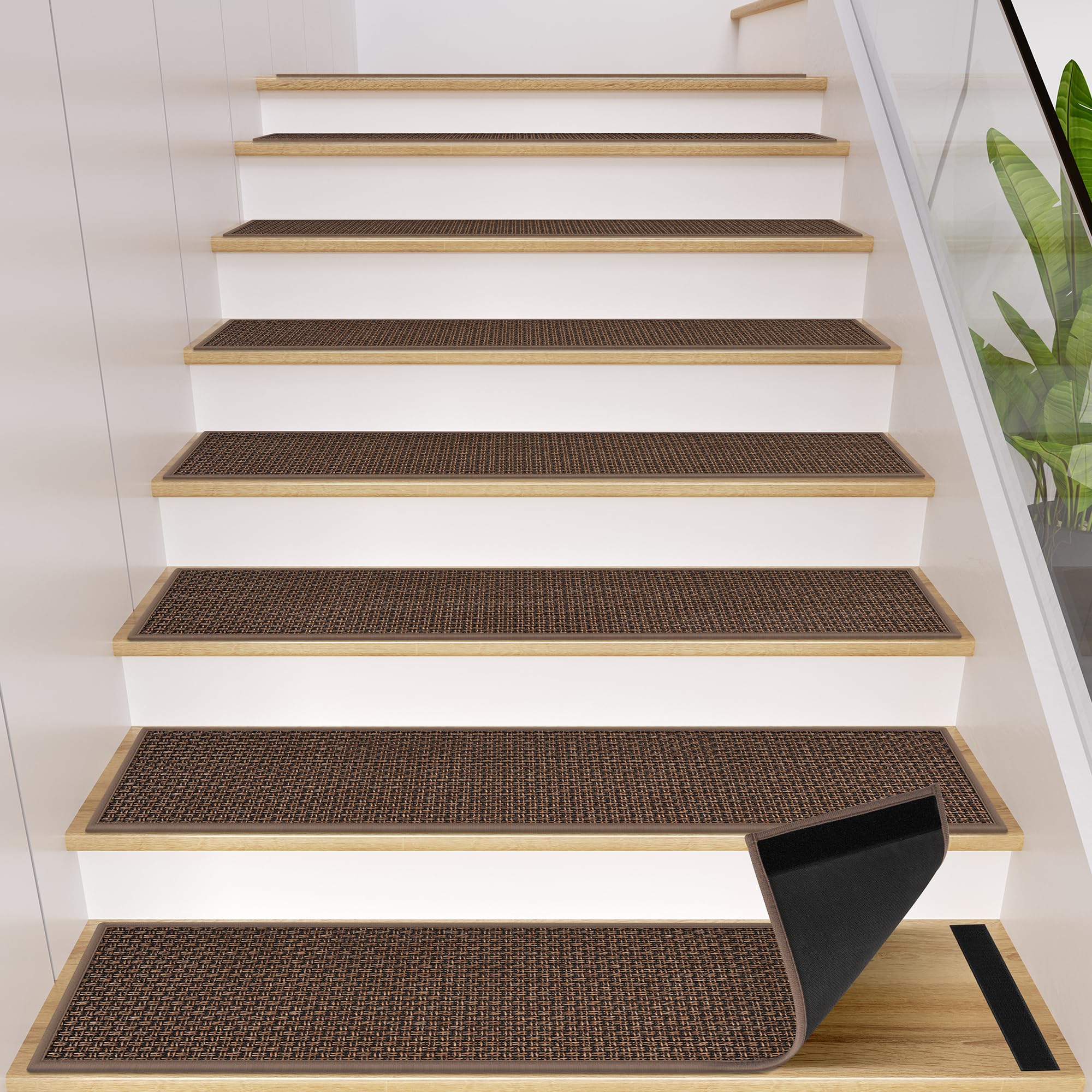 GOYLSER Peel and Stick Stair Treads with Rubber Backed Pack of 15, Jute Stair Rug Staircase Step Treads, Reusable Stair Pads Step Mats for Bare Feet,