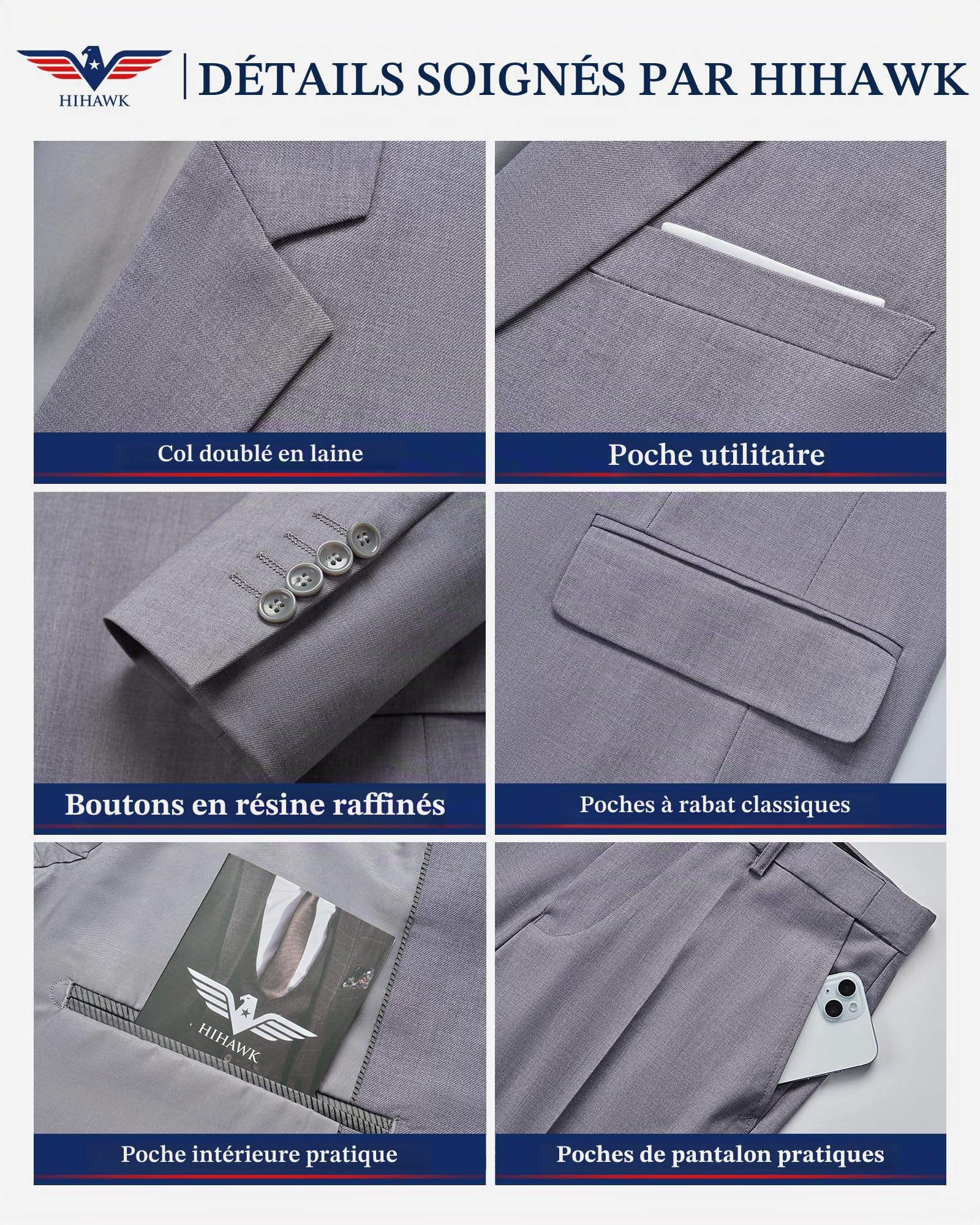 Hihawk Costume 3 pièces pour homme avec tissu extensible, coupe ajustée, ensemble blazer à un bouton, veste, gilet et pantalon avec cravate